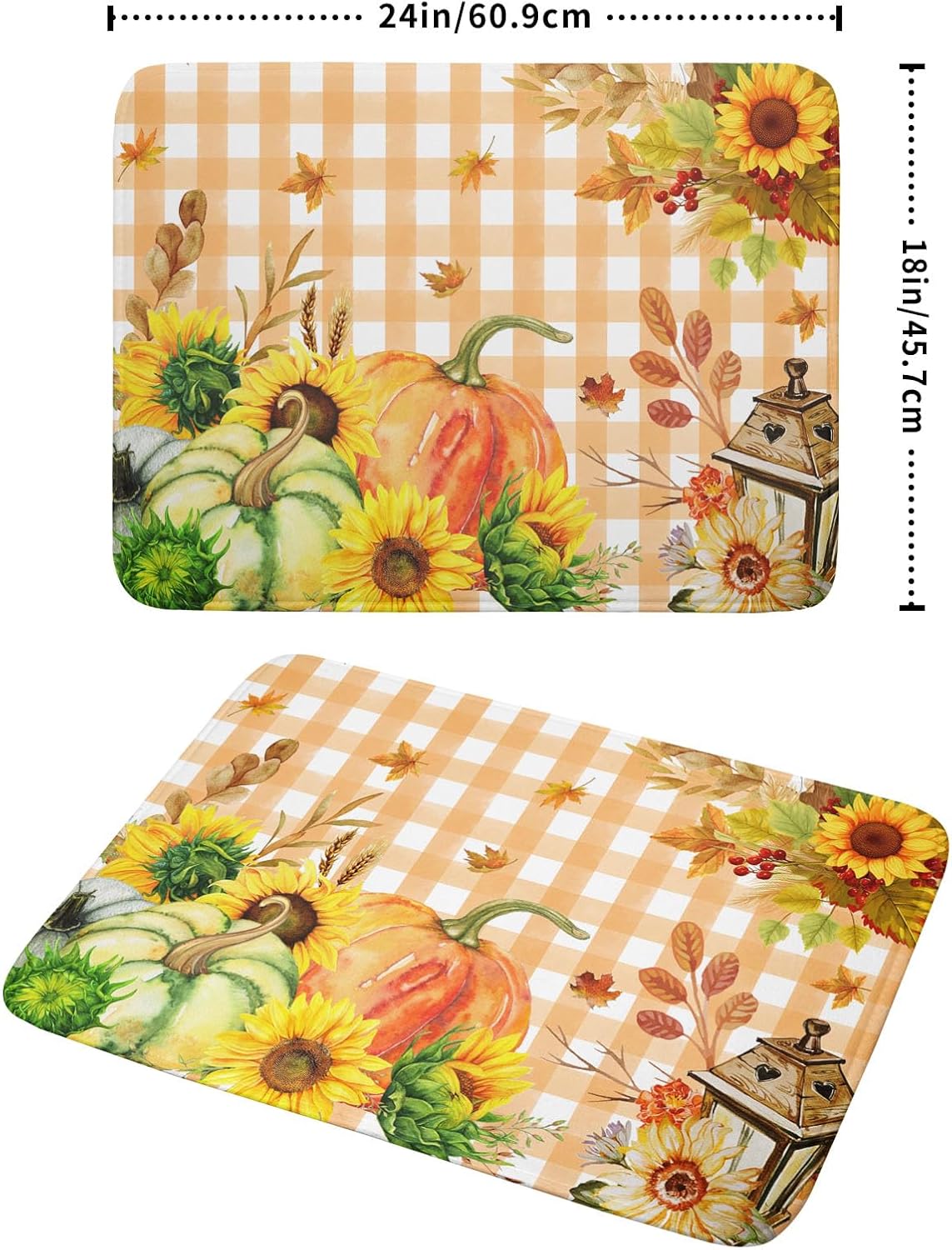 Autumn Maple Leaf Orange White Check Plaids Dish Drying Mat for Kitchen Counter,Fall Sunflower Pumpkin Drying Mat 18 x 24 Inch with Absorbent Reversible Microfiber Dish Drying Pad for Coffee Bar