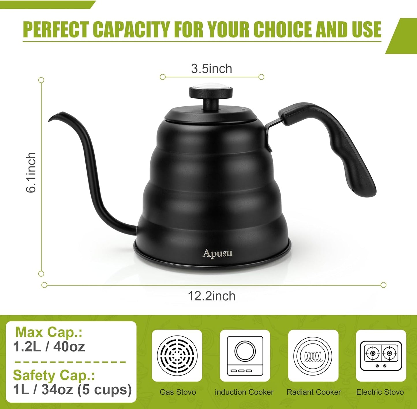 Tea Kettle with Thermometer Pot Black Stovetop Tea Kettle 40oz Gooseneck Kettle Teapot Pour Over Coffee Kettle with Thermometer,1200ml,6 Cup,Black,1Pack