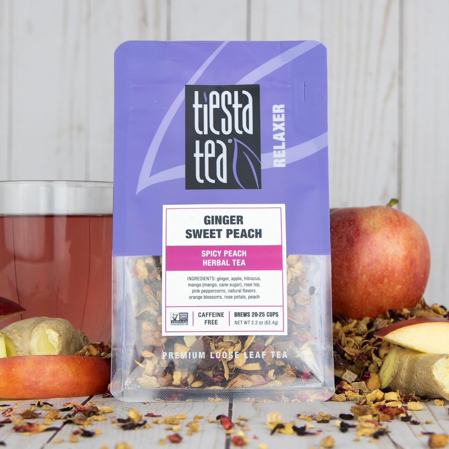 Tiesta Tea - Ginger Sweet Peach, Loose Leaf, Spicy Peach Herbal Tea, Non-Caffeinated Tranquility Blend, Bulk Herbal Leaves with Hibiscus & Cane Sugar, 25 Cups, 2.2 Ounce Resealable Pouch