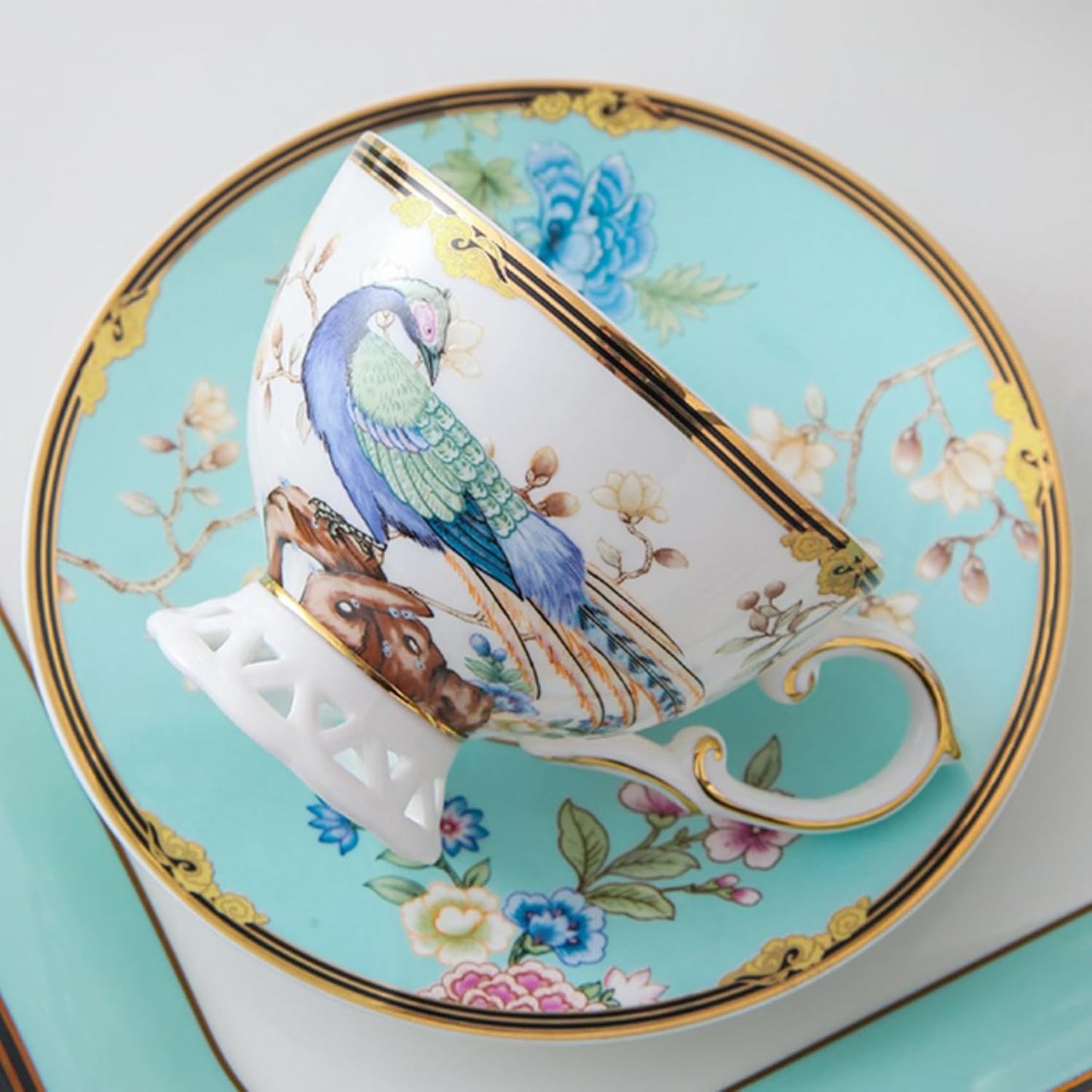 ACMLIFE Bone China Tea Cup and Saucer Set - Bone China Tea Coffee Cup and Saucer Set for 1 Luxury Fine China Tea Cup Set for One Blue Vintage Teacups and Saucers for Women Tea Party or Gift Giving