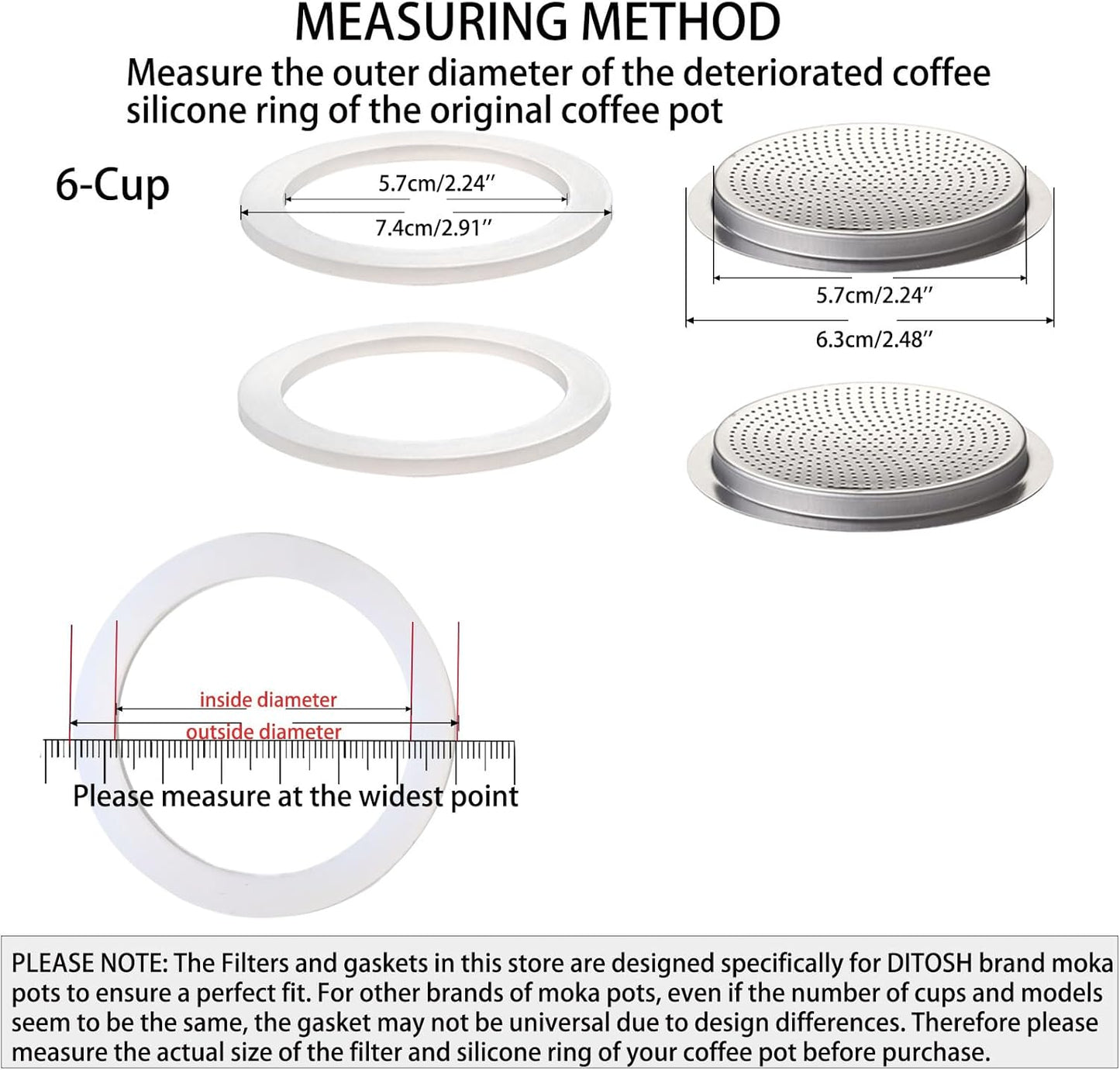 2 Pcs Filter with 3 Pcs Silicone Gasket Seals for 6 Cup Stovetop Espresso Coffee Maker Replacement Parts for Big Tummy and Straight Stainless Steel Moka Pot
