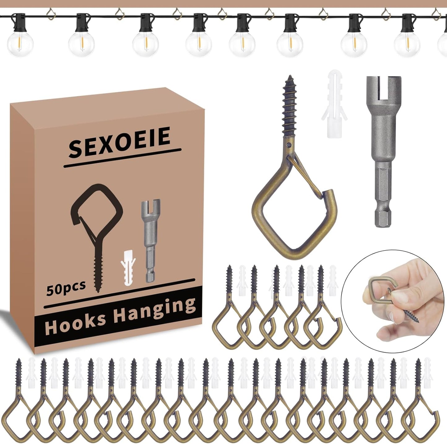 50 PCS Bronze Eye Screw Hooks for Hanging Heavy Duty with Safety Buckle.Metal Ceiling Hooks for Hanging Plants Cup Wind Chime Bird Feeders Patio Lights at Indoor&Outdoor