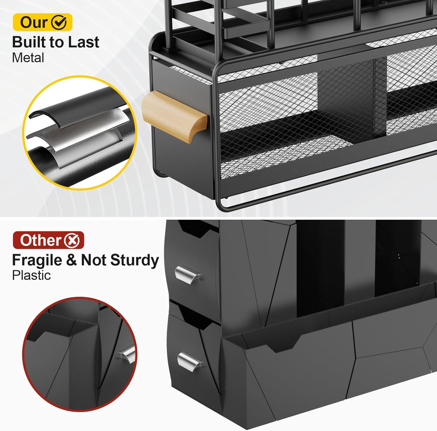 GSlife Cup and Lid Holder with Drawer - Metal Coffee Cup Dispenser with Straw Organizer, Narrow Coffee Bar Station for Countertop Kitchen Breakroom, Black