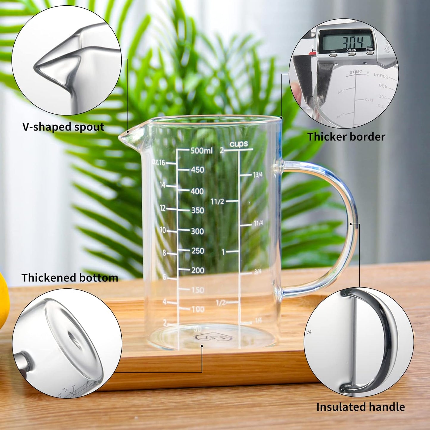 77L Glass Measuring Cup, [Insulated handle, V-Shaped Spout], High Borosilicate Glass Measuring Cup for Kitchen or Restaurant, Easy To Read, 500 ML (0.5 Liter, 2 Cup)