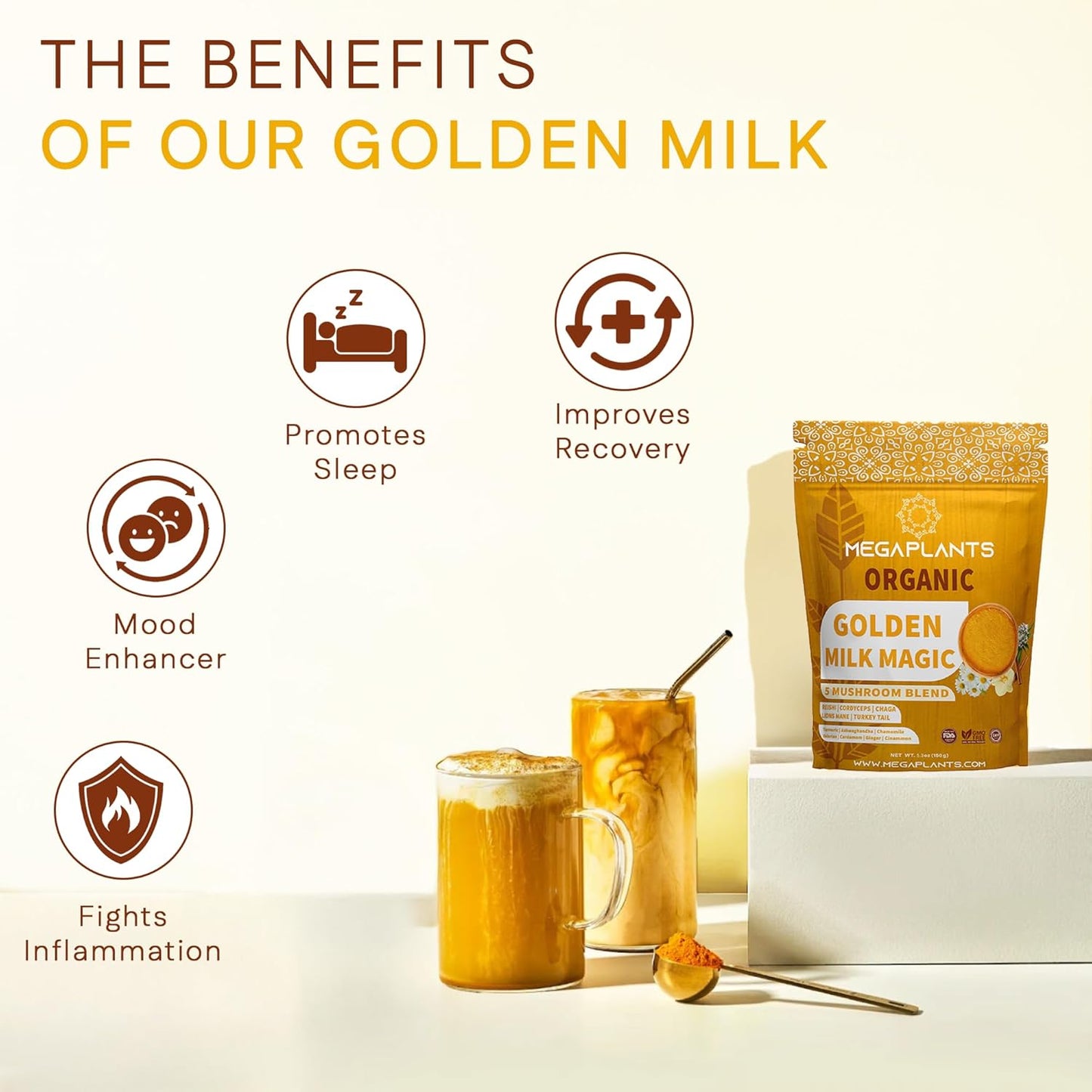 Golden Milk Magic (50 Servings) | Superfood 5 Mushroom Blend for Sleep, Relaxation, Relief | Turmeric, Ashwaghanda, Valerian, Chamomile + 5 Mushroom Blend | Smoothie, Hot Beverage