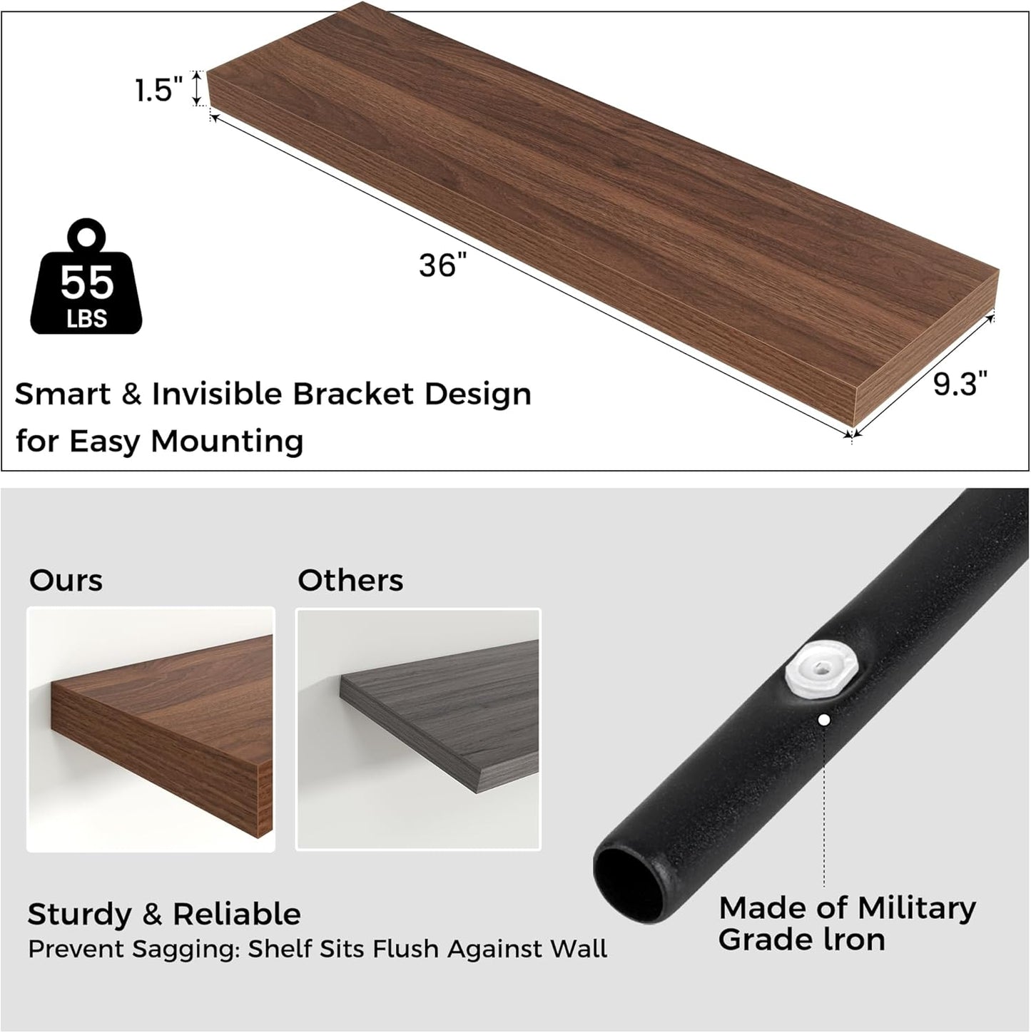 Floating Shelves - 2 Large Wall Mounted Shelves with Invisible Brackets, Long Walnut Wood Floating Wall Shelf for Living Room, Bedroom, Kitchen (36" W x 9" D x 1.5" H)