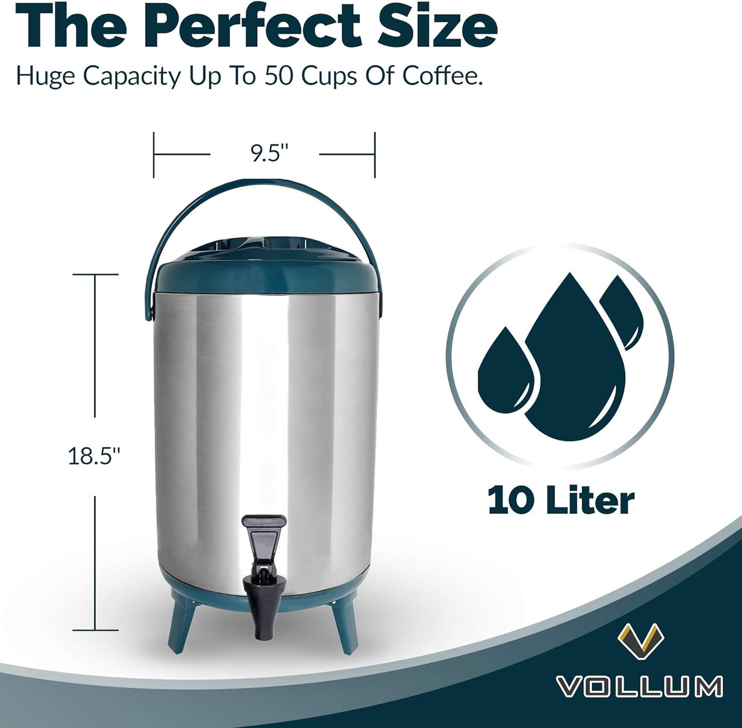 Stainless Steel Insulated Beverage Dispenser – Insulated Thermal Hot and Cold Coffee Carafe – 10 Liter Drink Dispenser with Spigot for Hot Water, Tea & Coffee, Cold Milk, Juice & More Teal