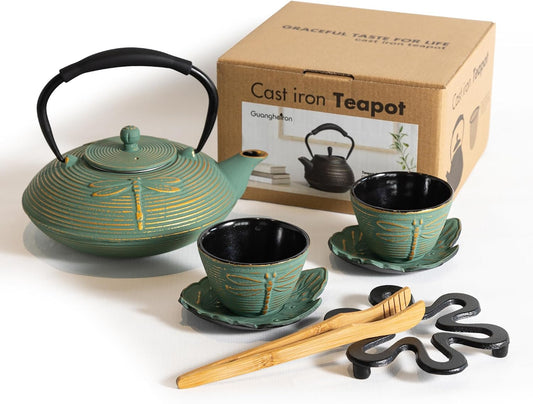 Cast Iron Teapot Set with 2 Tea Cups, 7 Pcs Japanese Tea Kettle with Stainless Steel Infuser, Tea Pot Coated with Enameled Interior, Dragonfly Pattern, 28oz 800ml Green