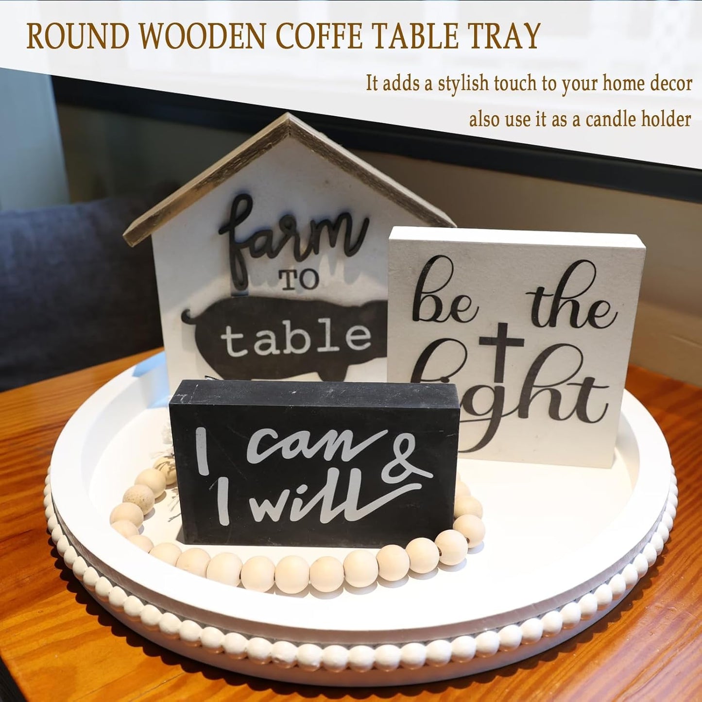 Round Wood Serving Tray with Beaded, 13” Rustic Wooden Decorative Coffee Table Tray for Centerpiece, Ottoman, Farmhouse Circle Trays for Counter, Living Room, Home Decor (White)