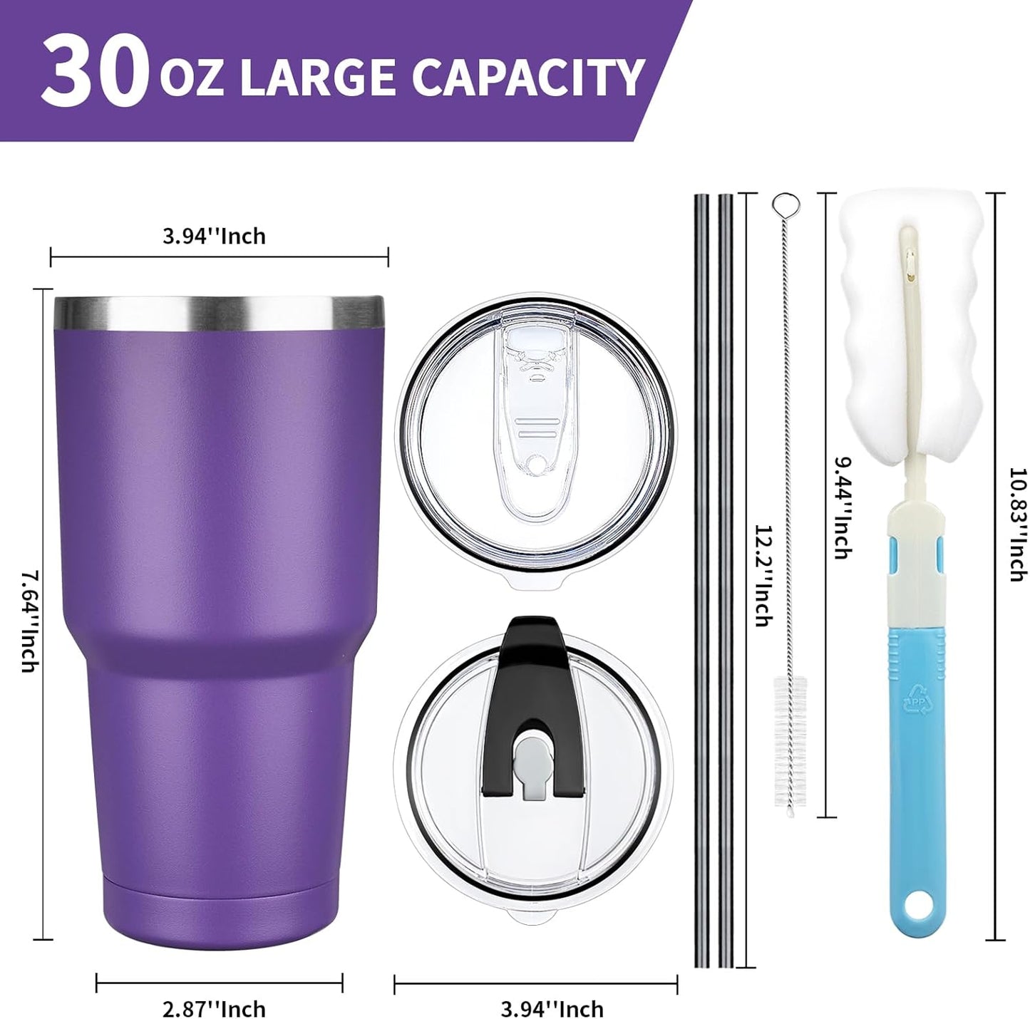 30 oz Tumbler with Lids and Straws, Stainless Steel Insulated Coffee Tumbler, Double Wall Vacuum Insulated Travel Mug Cup, Leakproof Thermal Coffee Cup for Hot and Cold Drinks (Purple)