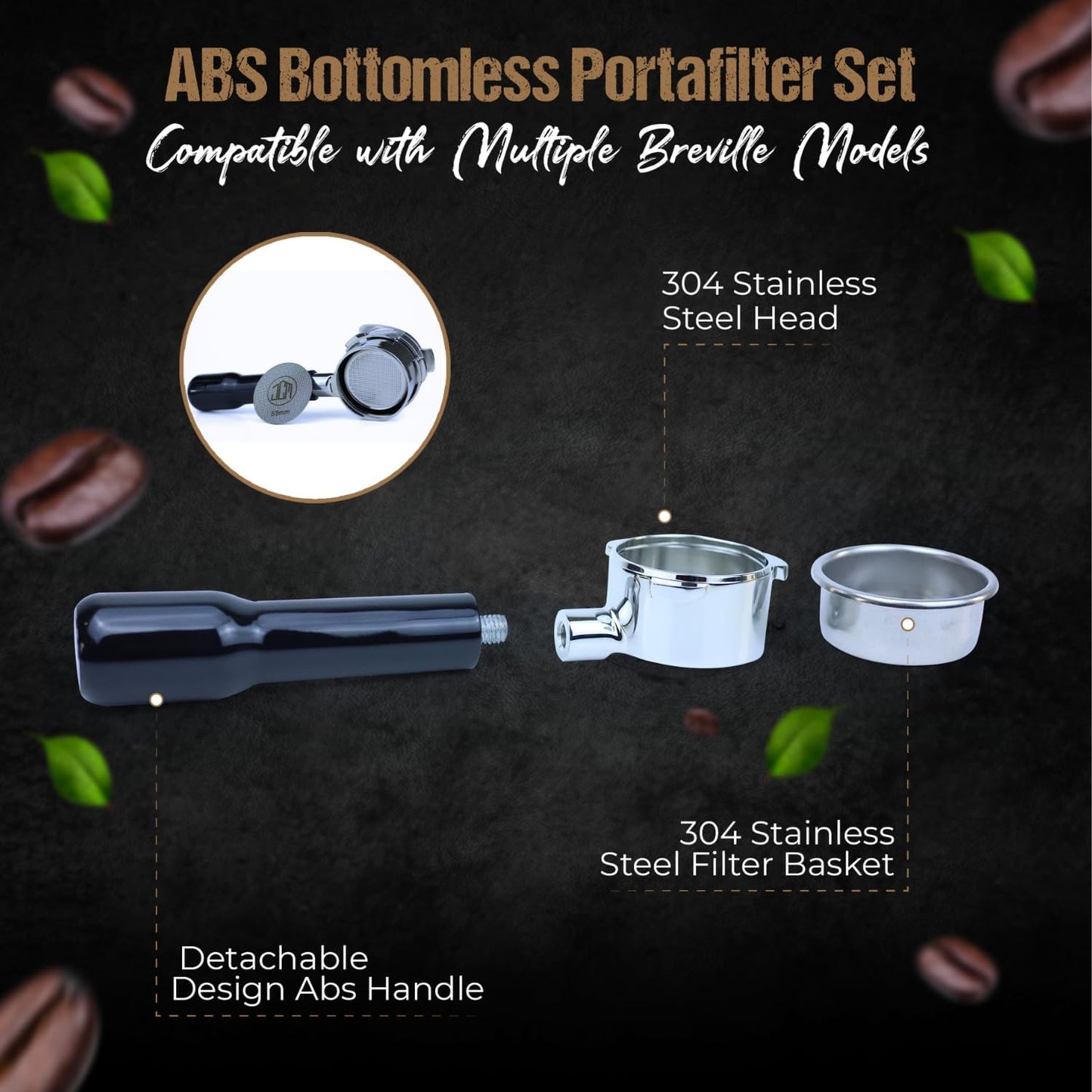 54mm Bottomless Portafilter 3 Ears ABS Handle – Fits Breville Barista Express, Bambino, Impress, Duo Temp Pro and Infuser – Includes 18g Filter Basket Hands-Free Dosing Funnel & 1.7mm Puck Screen