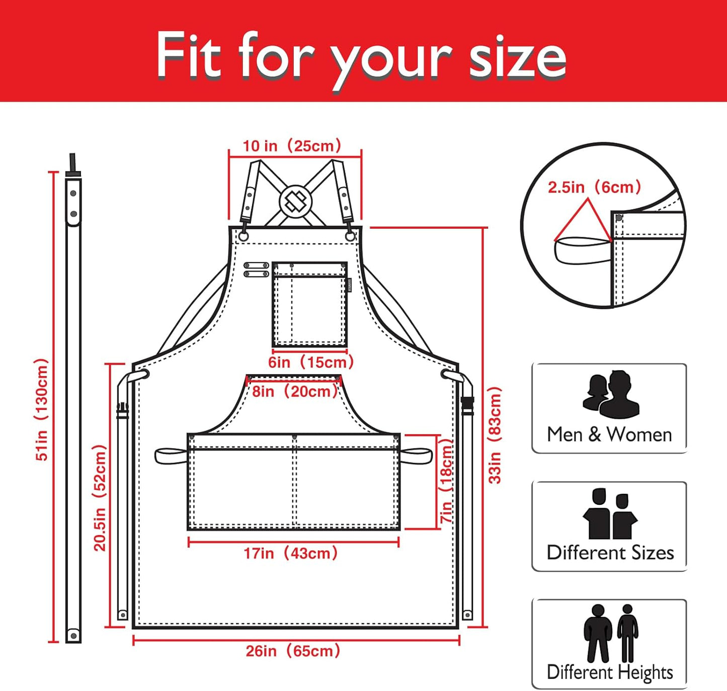 5 Pack Kitchen Apron, Work Apron, Canvas, Multiple Pockets, Gardening, Painting, BBQ, Artist, Carpenter, Sizes M to XXL, Red