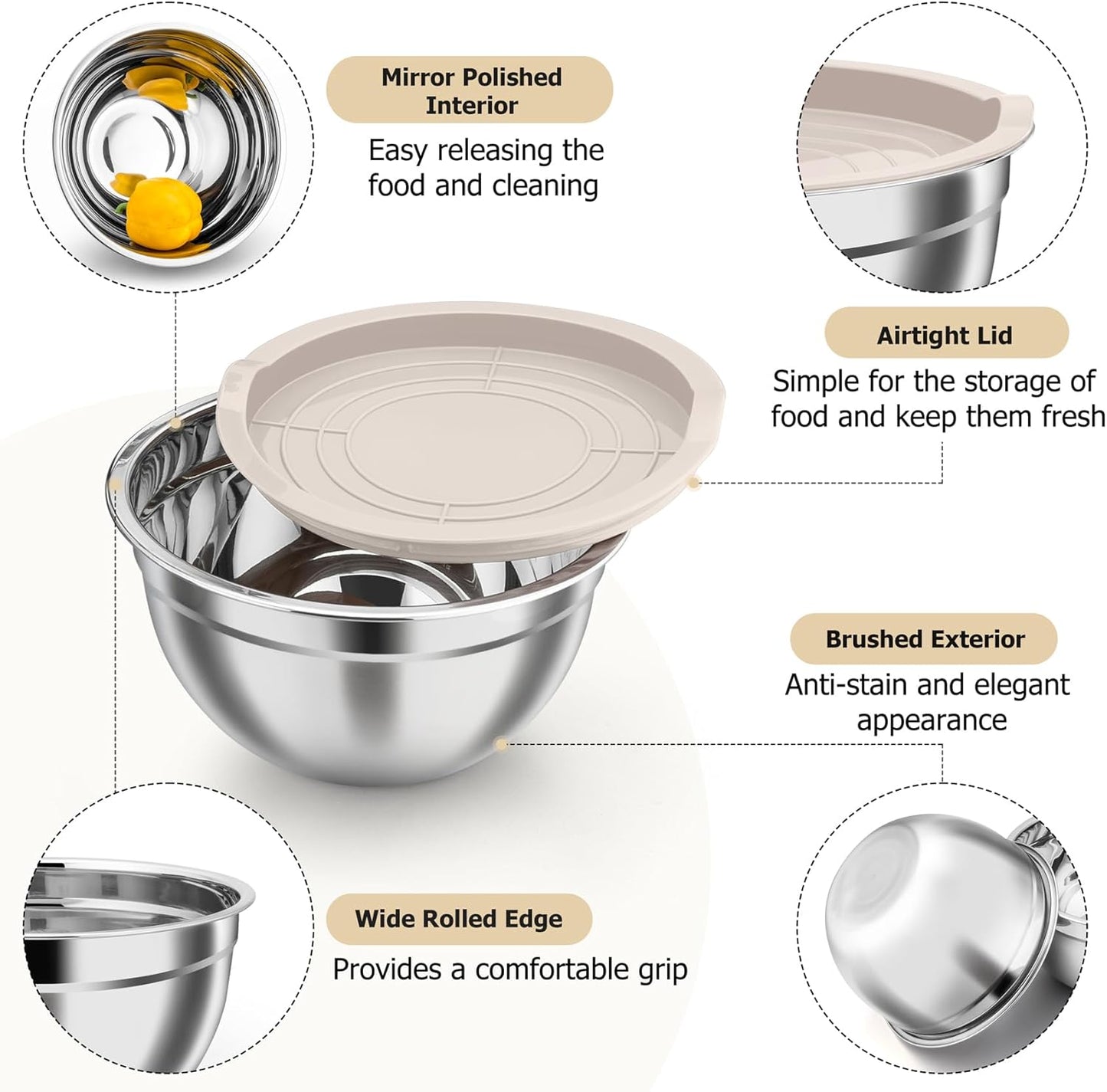 TeamFar Mixing Bowls, Stainless Steel Nesting Salad Bowls with Airtight Lids Set, For Serving/Mixing/Storing, Rust-proof & Heavy Duty, Dishwasher Safe, Set of 3-4.6/3 / 1.5 QT, Khaki