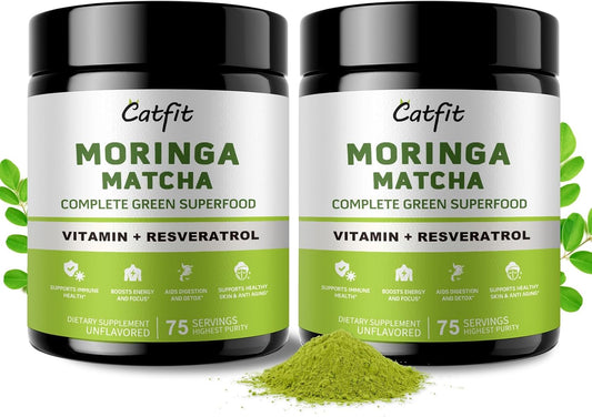 (2 Pack) Moringa Powder – Superfood Blend with Matcha, Green Tea & Resveratrol – Moringa Supplement for Energy, Antioxidant & Immune Support – Vegan, Gluten-Free, Easy-to-Mix Drink (8oz)