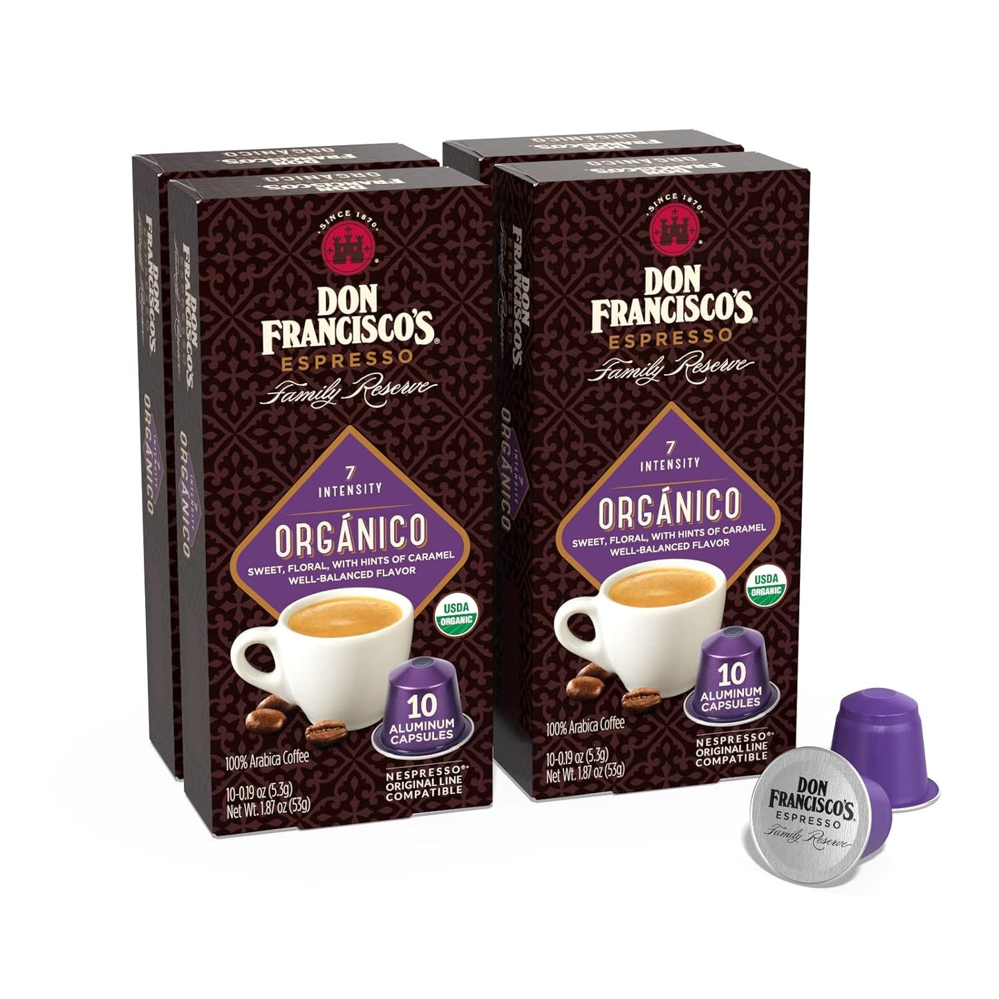 Don Francisco's Organico Espresso Pods: 40 Dark Roast Aluminum Capsules, Intensity 7, Compatible with Nespresso Original Line Machines - Bold Cuban-Style coffee with Caramel Notes