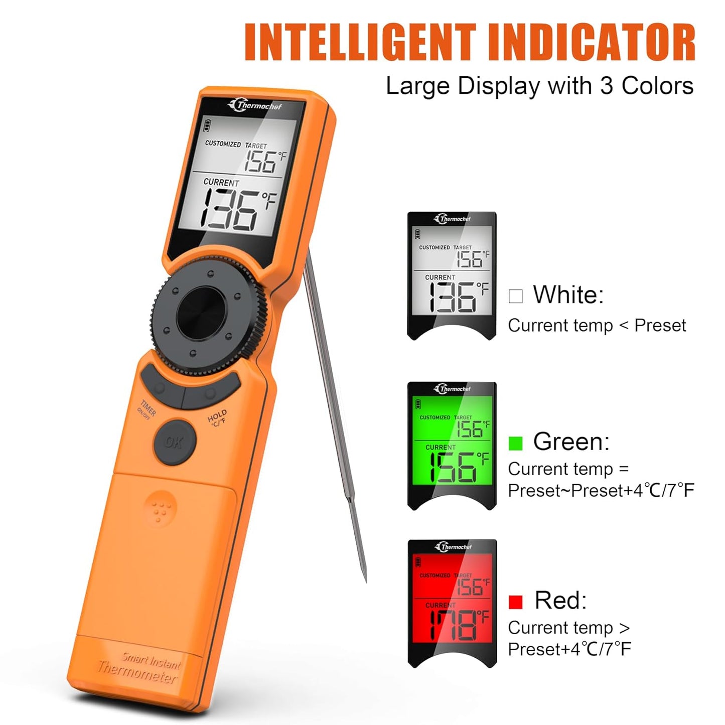 Digital Meat Thermometer for Grill, Instant Read Food Thermometers for Cooking with Food Doneness Guide, Calibration and LCD Backlight Screen, High Accuracy ±1% ℉, BBQ Beef Candy Orange