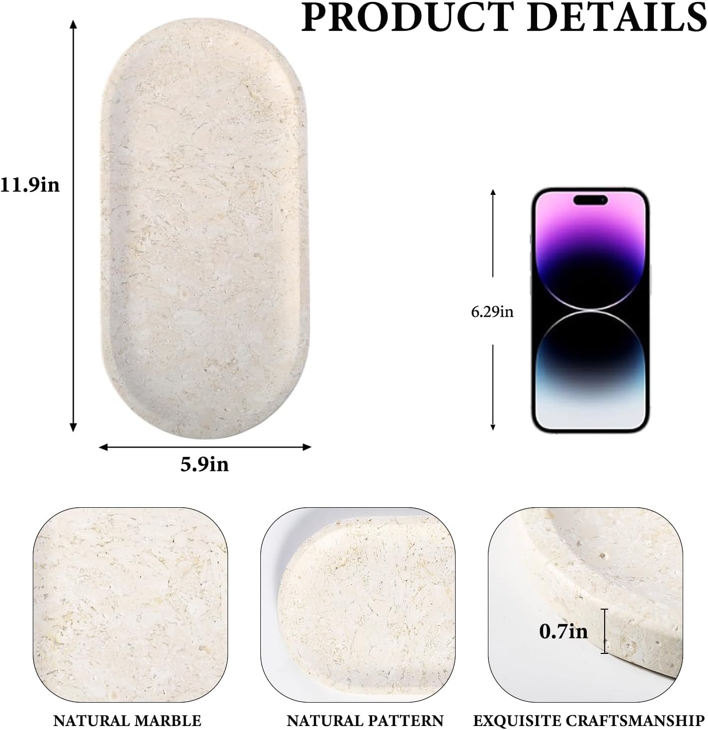 Koville Marble Tray for Bathroom Countertop, 12"x6" Beige Marble Vanity Storage Trays for Perfume, Cosmetics, Jewelry, Stone Tray for Kitchen, Decorative Trays for Dresser Organizer