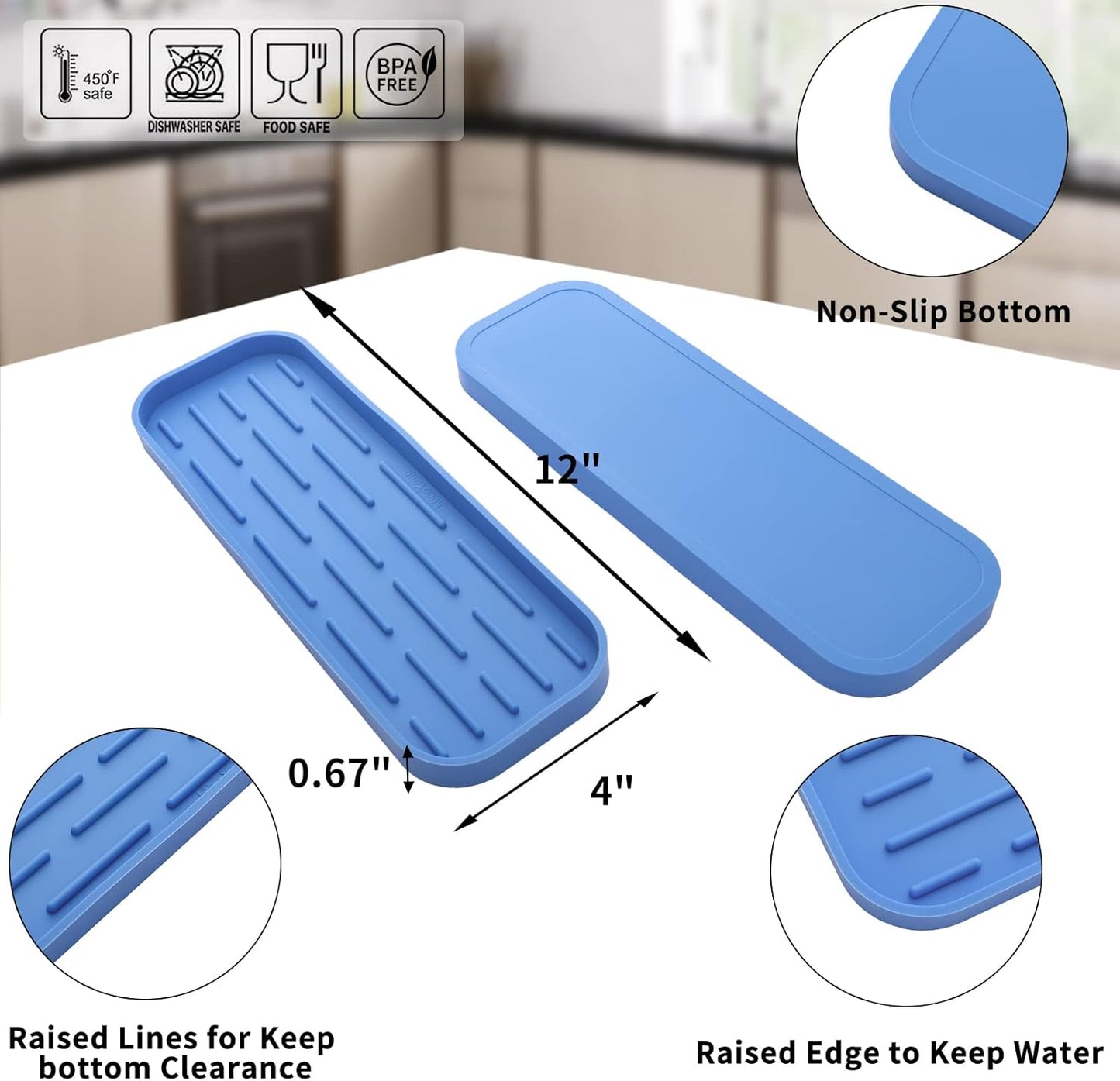 Silicone Kitchen Sink Organizer Tray for Multiple Usage,Eco-Friendly Sponges Holder for Kitchen Bathroom Counter or Sink,Dish Soap Dispenser,Scrubber,Bottle,Cup (Lichen Blue, 12"×4")