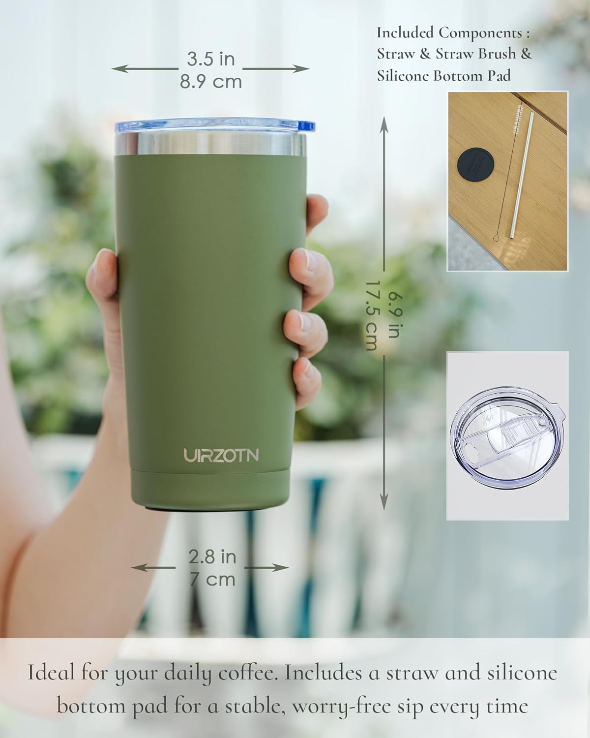 Travel Coffee Tumbler 20oz, Leakproof Travel Coffee Mug with Lid and Straw, Stainless Steel Double Wall Vacuum Insulated Tumbler for Hot/Iced Drinks (Textured Matte, Army Green)