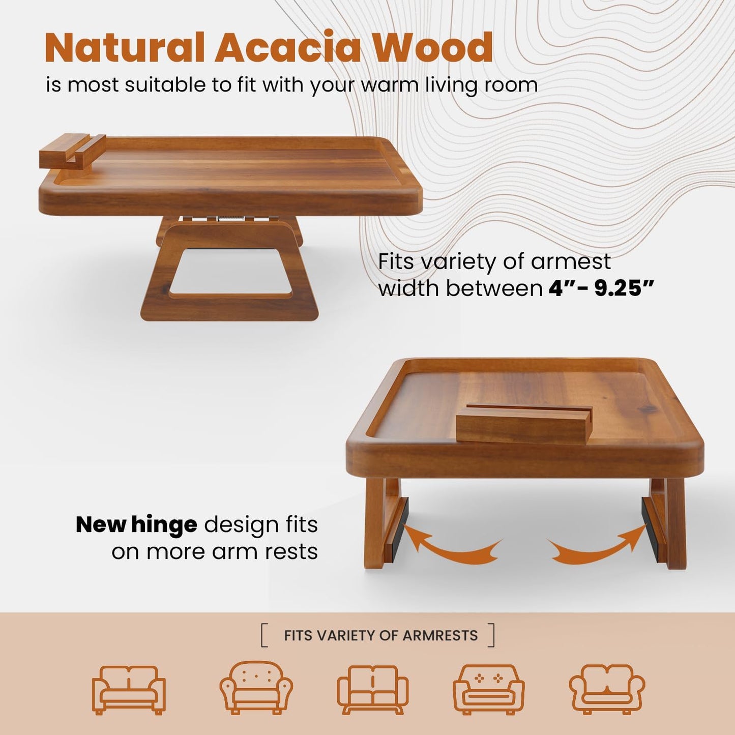 Tinamo 15.7" x 11" Large Couch Arm Table with 360 Rotating Phone Holder - Sofa Arm Clip Table for Living Room - Sofa Armrest Tray Wide Couches - Wooden Side Tables for Eating and Drink (Acacia Wood)