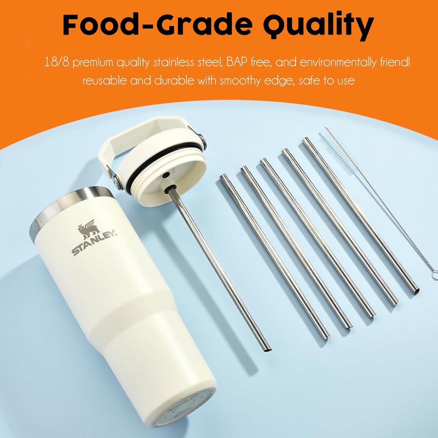 ALINK Stainless Steel Straws Compatible with Stanley Iceflow 30oz Flip Tumbler, 6 Pack Reusable Metal Straws for Stanley Ice Flow 30oz Cup Lid Only, Plus Straw Cleaner Brush