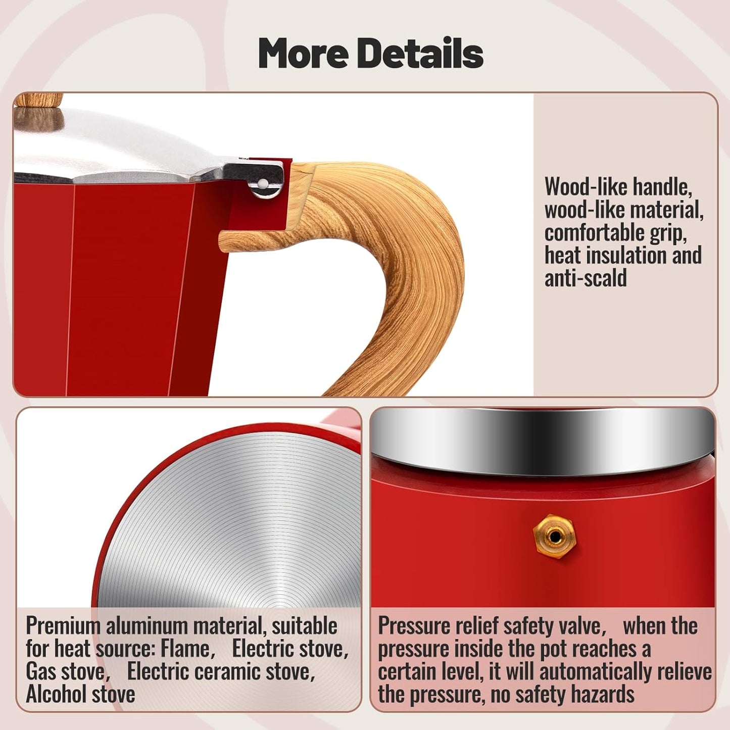 6 Cup Aluminum Moka Pot Classic Stovetop Espresso Coffee Maker 300ml 10oz Coffeemaker Percolator Mocha Pot Greca Coffee Maker Cafe Makers for Italian and Cuban Café Brewing Red