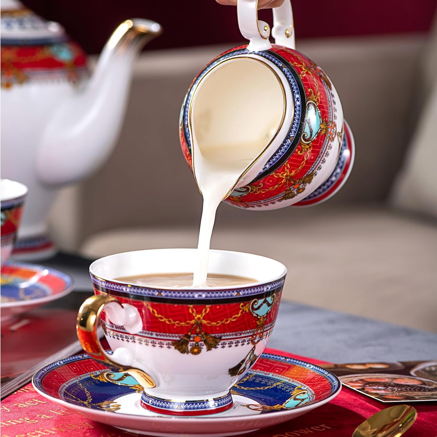 Euro Style Bone China Tea Set, Tea Sets For 6 Adults, Bone China Tea Cup Set With Teapot Spoons, Sugar Bowl, Creamer Pitcher, Tea Set for Women, Tea Party Set, Gift Package (21, Vienna)