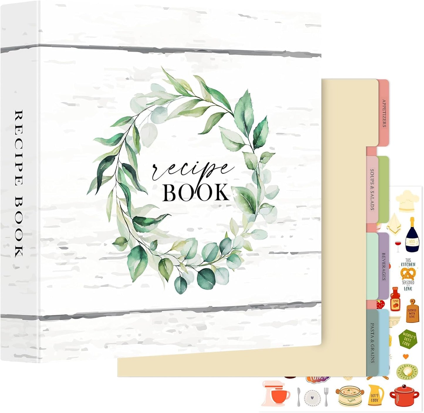 Lanpn Recipe Binder 8.5x11 3 Ring Kit, Waterproof Organizer Binder Recipe Book with 60 Plastic Sleeves,116 Recipes, Dividers,Labels & Stickers, Blank Cookbook to Write in Your Own Recipes, Leaf