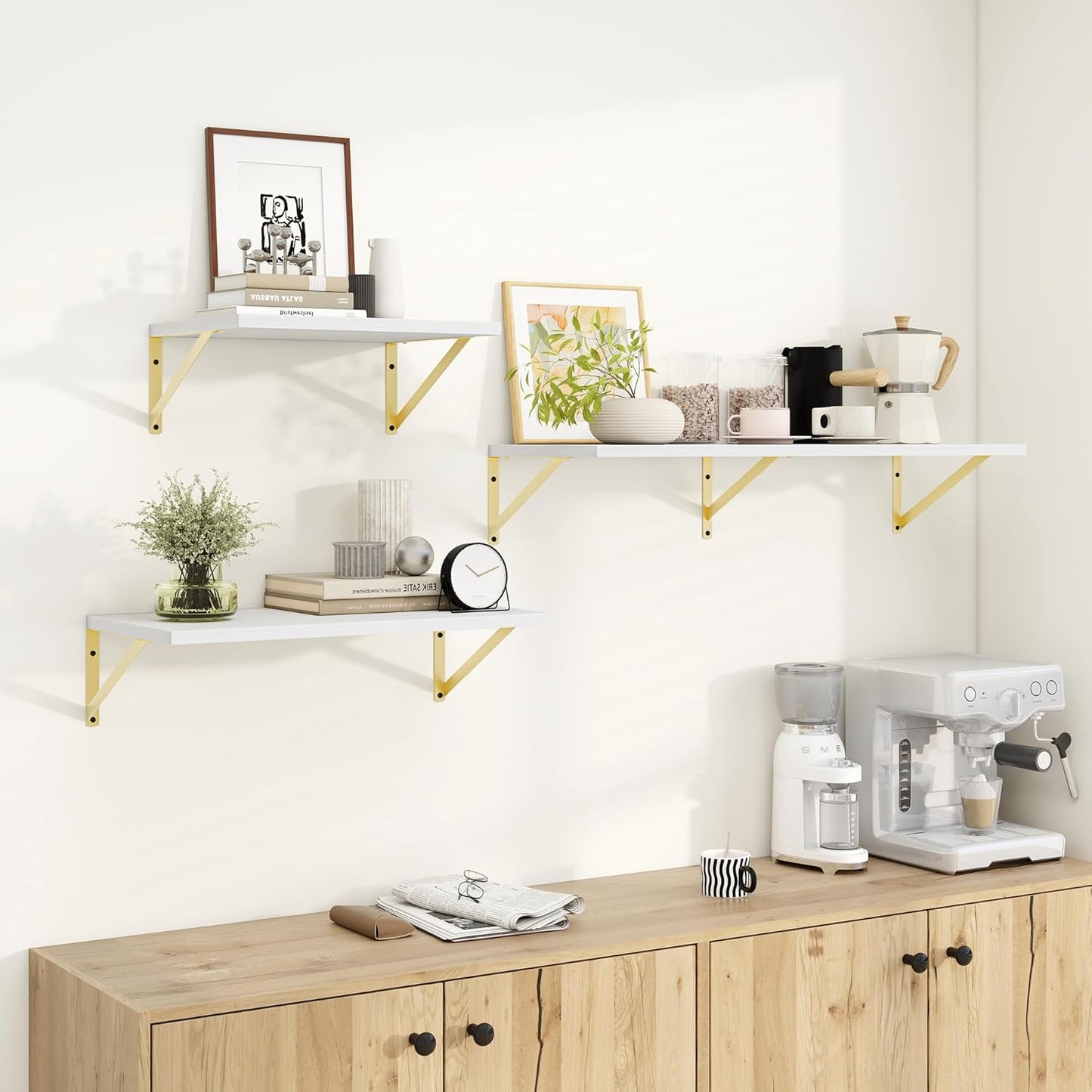 Dreamland White and Gold Shelves,36 inch Shelf, Large Floating Shelf 12 inch Deep Set of 2 for Bookshelf Living Room Bedroom Home Office Bathroom