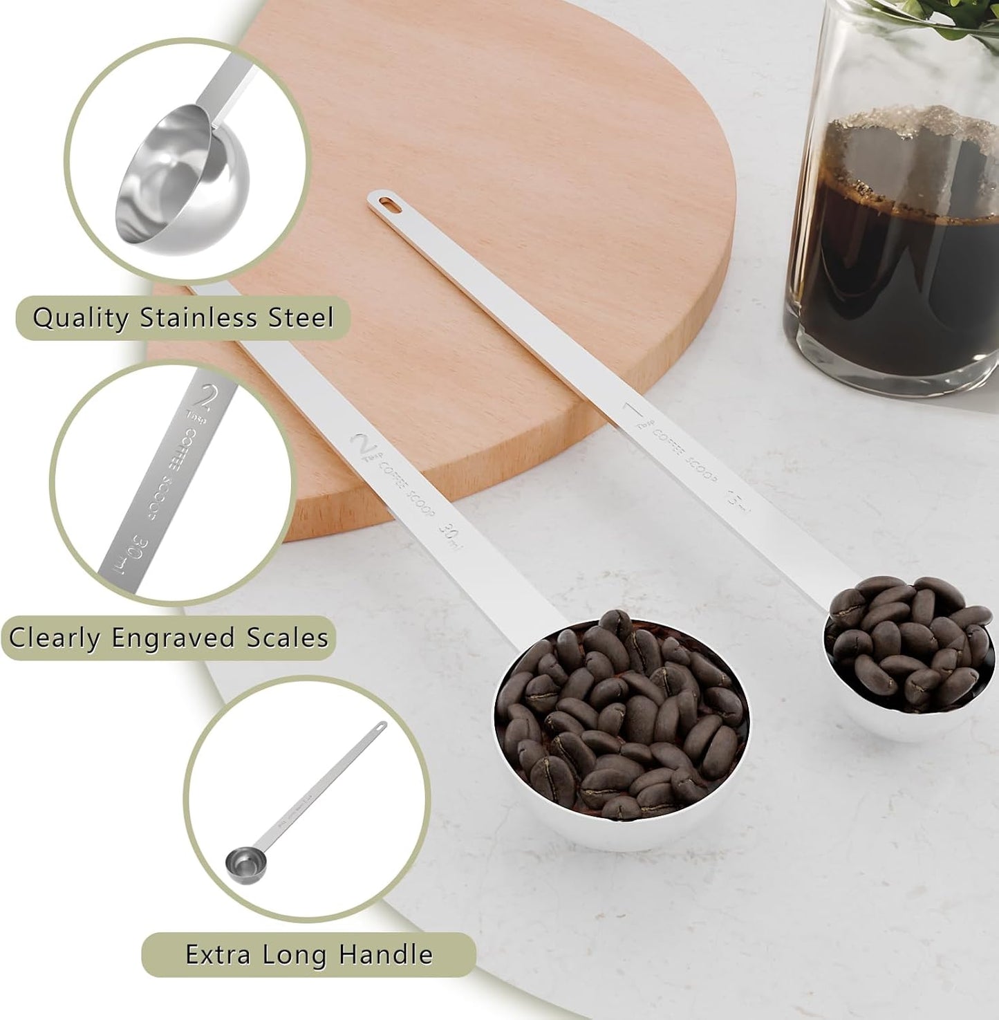2PCS 2 Tablespoon Coffee Scoop, 9.5" Long Handle Measuring Spoon, Two tbsp (30 ml) Stainless Steel Scooper
