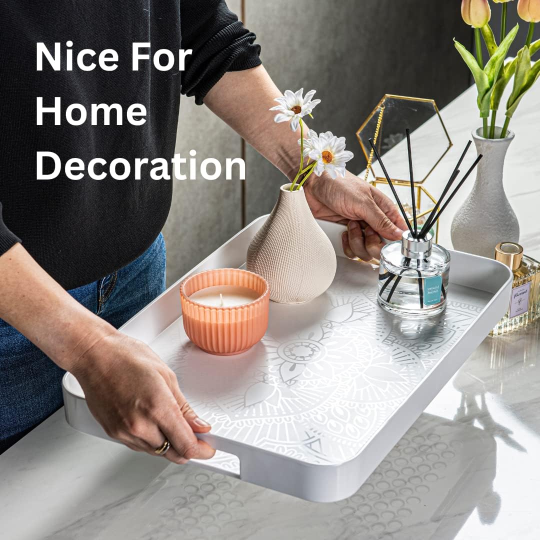 Bzyoo Melamine Gallery Tray -11.5in x 16inch Large Rectangle Serving Tray with Handle for Entertaining, Ottoman and Kitchen Counter Decor, Decorative Home Coffee Table Tray or Vanity Tray - White