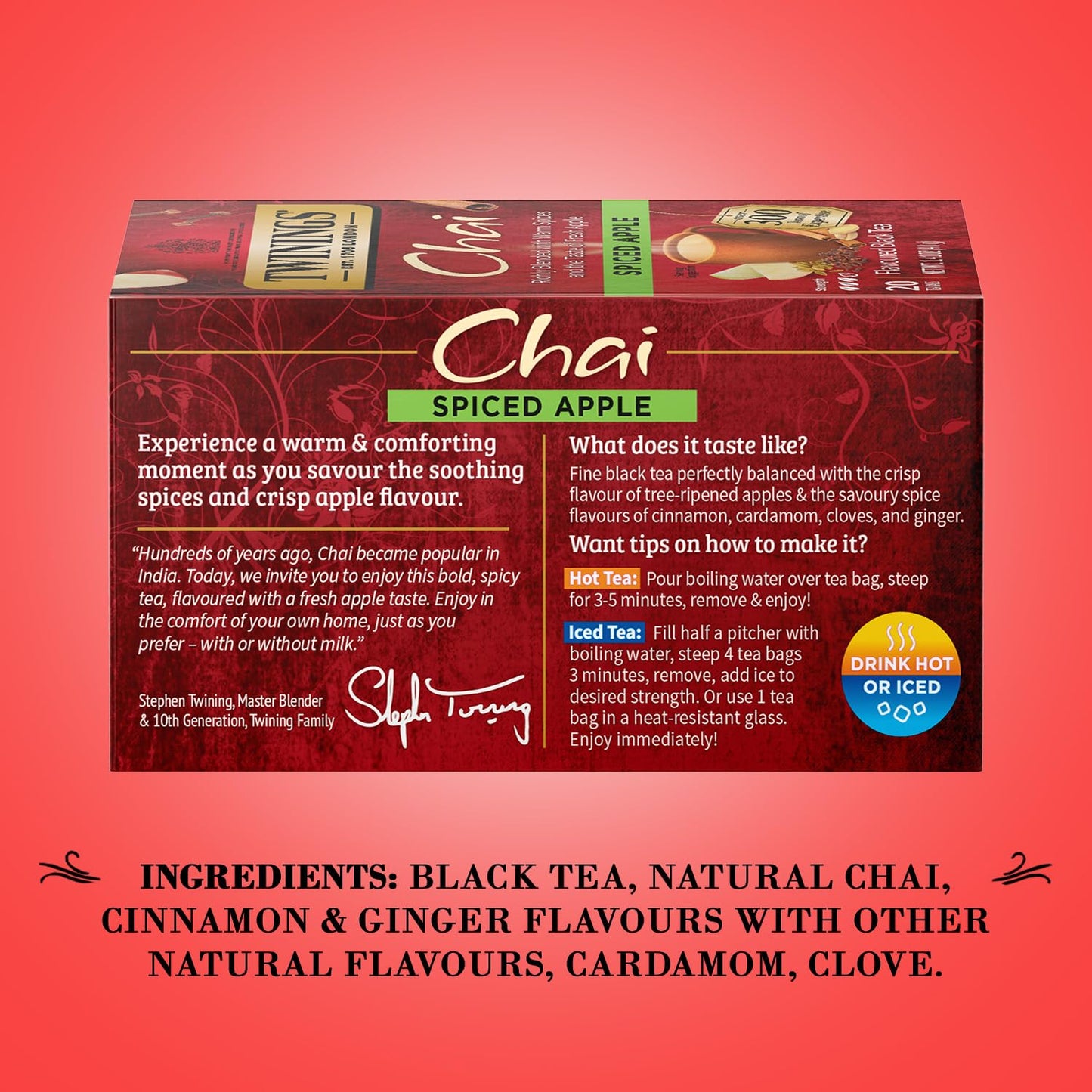 Twinings Spiced Apple Chai Black Tea Individually Wrapped Bags, 20 Count (Pack of 1), Sweet, Savoury Spices, Caffeinated, Enjoy Hot or Iced, 20 Teabags