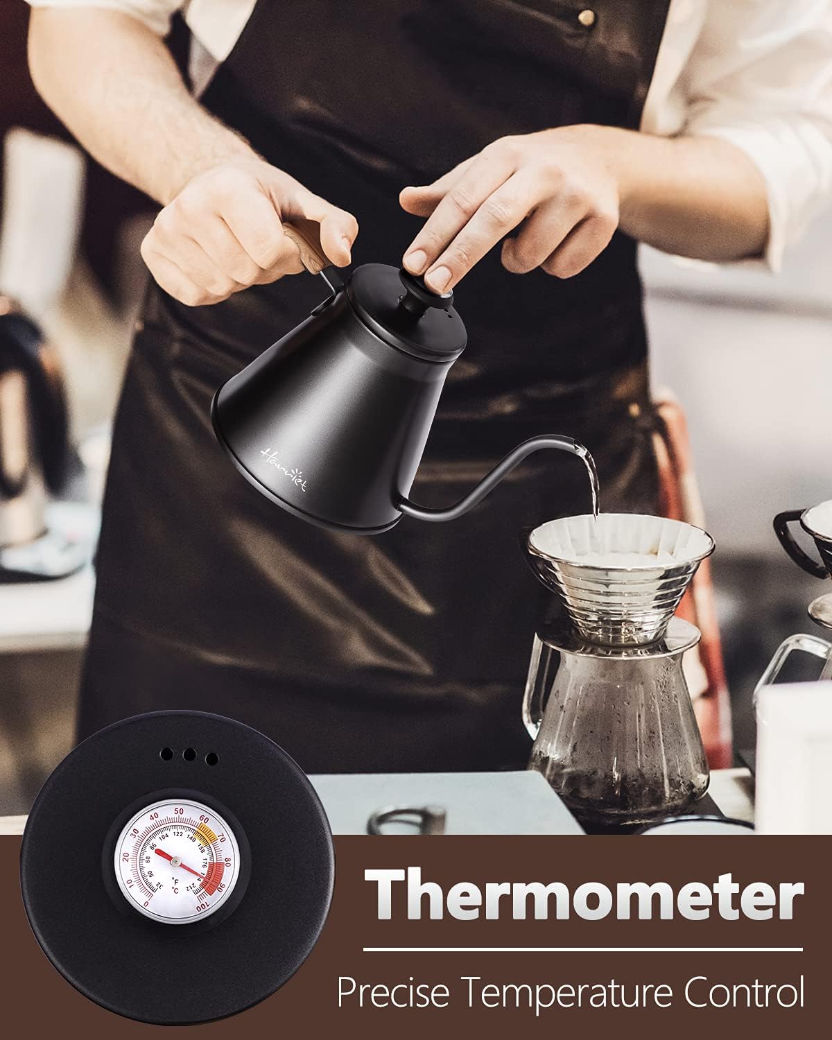 Harriet Gooseneck Kettle with Thermometer for Pour Over Coffee and Tea, 37 fl oz, Stainless Steel, Durable 3-Layer Base, Ideal Spout for Precision Pouring, Compatible with all Stove Tops, Black