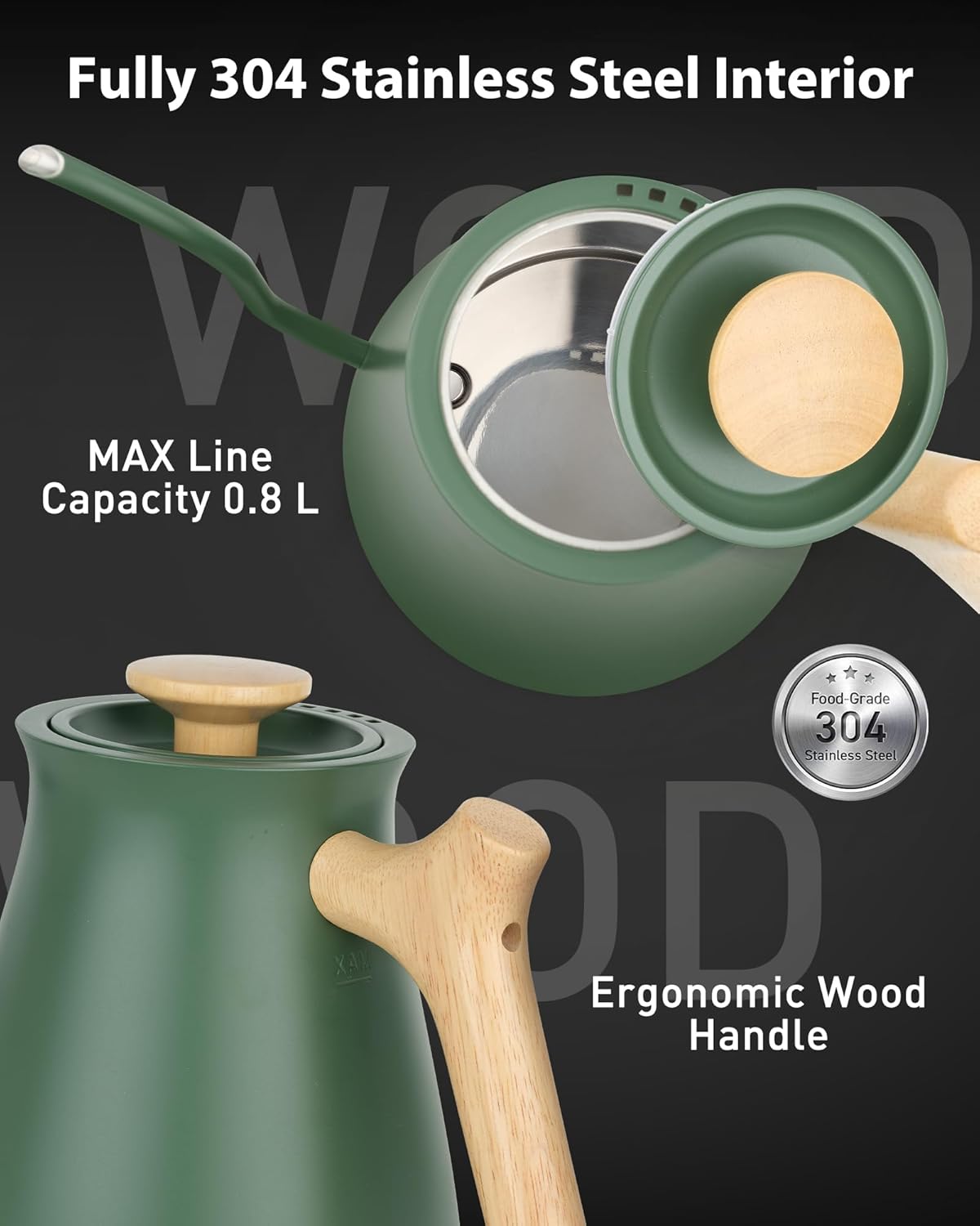 Harriet Gooseneck Electric Kettle - 1200W Fast Heat, 0.8L Stainless Steel, Precision Temp Control & Timer, Wood Handle, Pour Over Coffee and Tea, Green