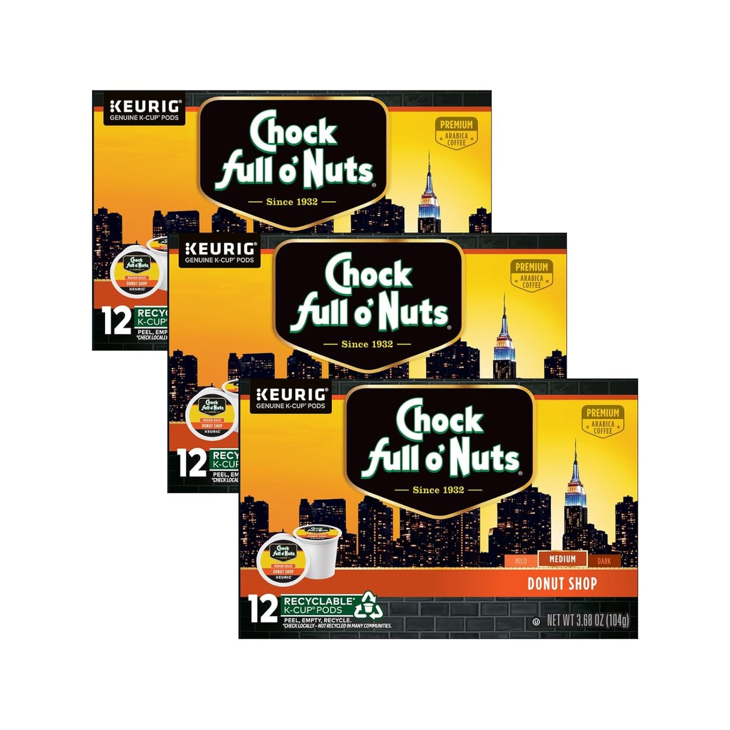 Chock Full o'Nuts Donut Shop Coffee, Compatible with K-Cup Pods, 12 CT (Pack of 3)