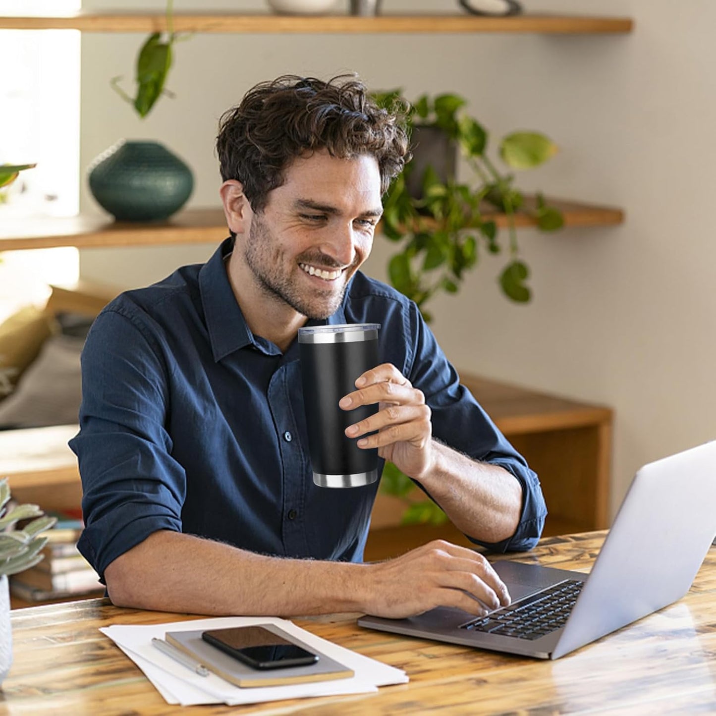 20oz Tumbler Bulk with Lid and Straw, Stainless Steel Double Wall Vacuum Insulated Travel Mug, Powder Coated Coffee Cups for Hot and Cold Drinks,Funny Gifts for Women Men(Black,4)