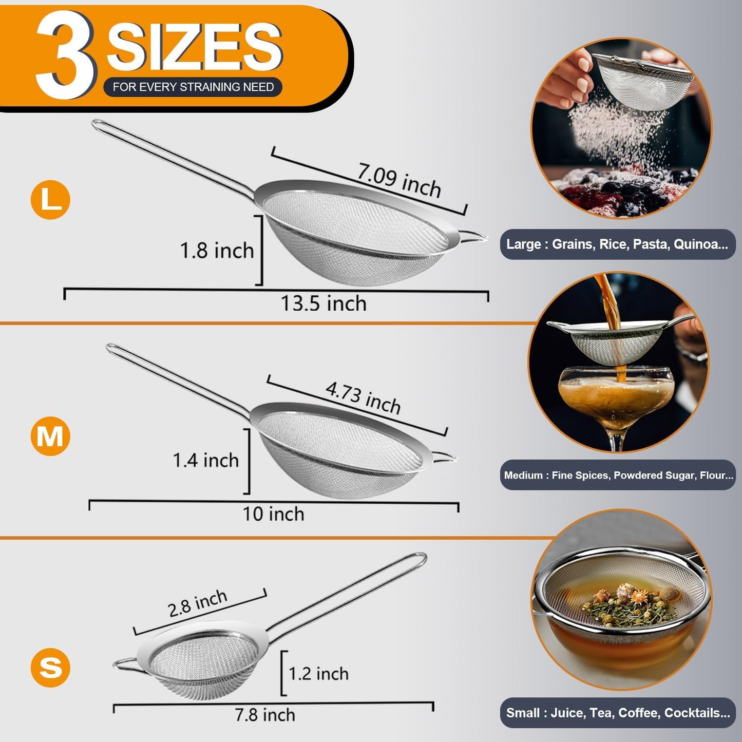 Anaeat Fine Mesh Strainers - Premium Stainless Steel Colander Sieve Sifters, with Durable Mesh and Sturdy Handle, Excellent for Sifting Dry ingredients, Flour, Pastas, Rice, Tea (2.8"+4.73"+7.09")