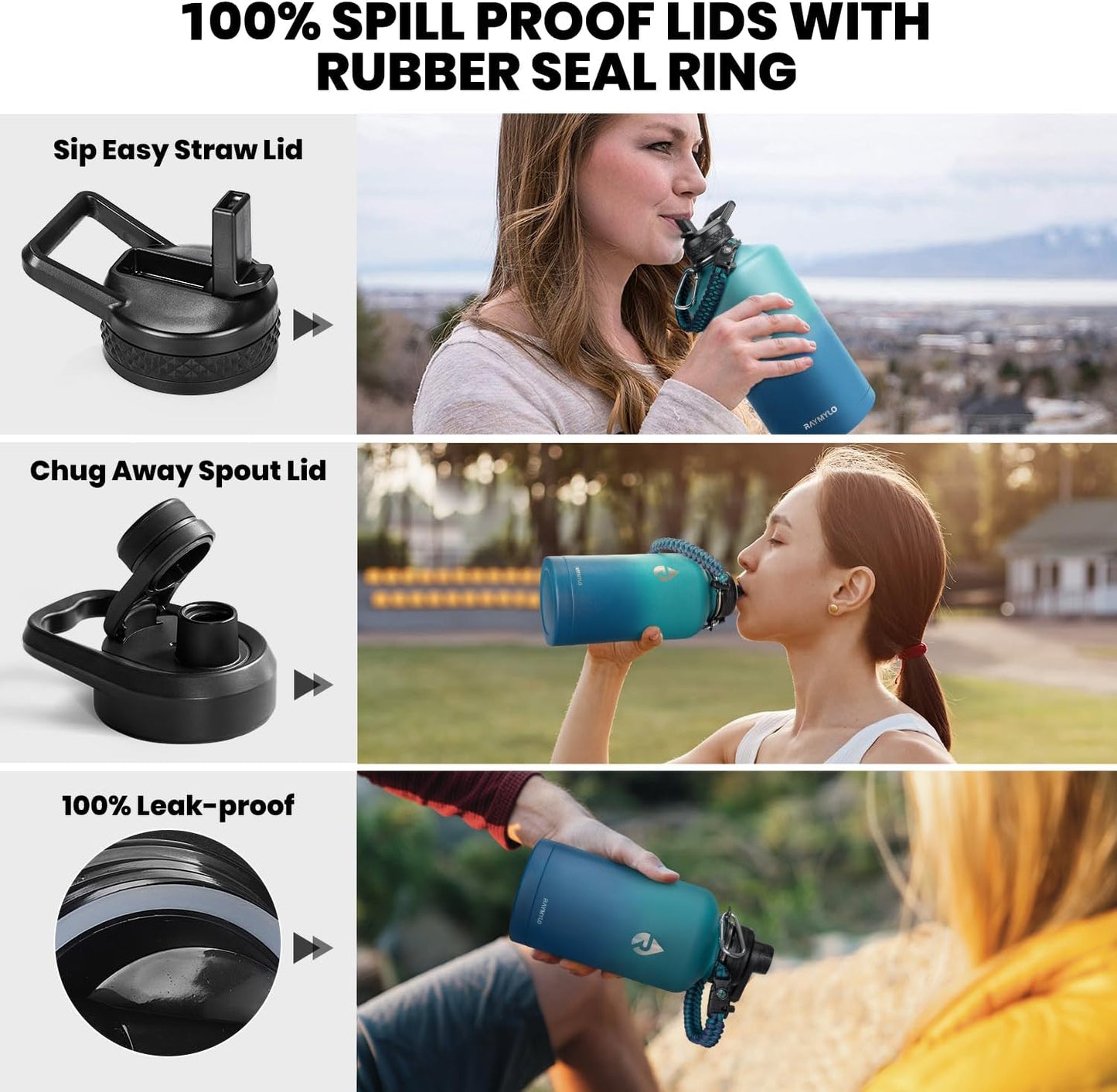 One Gallon Water Bottle Insulated, Triple Walled Vacuum Stainless Steel (Cold for 48 Hrs), Leak Proof & Non-BPA, Large Water Flask Jug with Paracord Handle & Straw Spout Lids