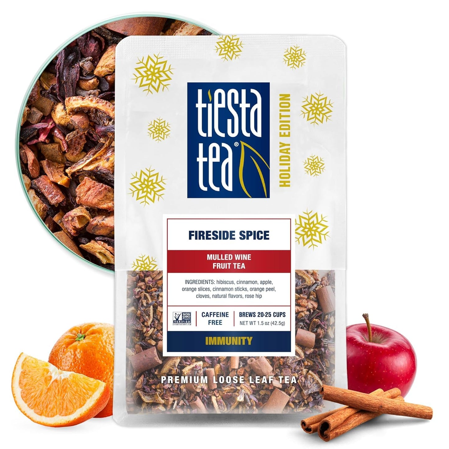 Tiesta Tea - Fireside Spice, Loose Leaf, Mulled Wine Herbal Tea, Premium Non-Caffeinated Holiday Blend, Make Hot or Iced, Brews Up to 25 Cups, 1.5 Ounce Resealable Pouch