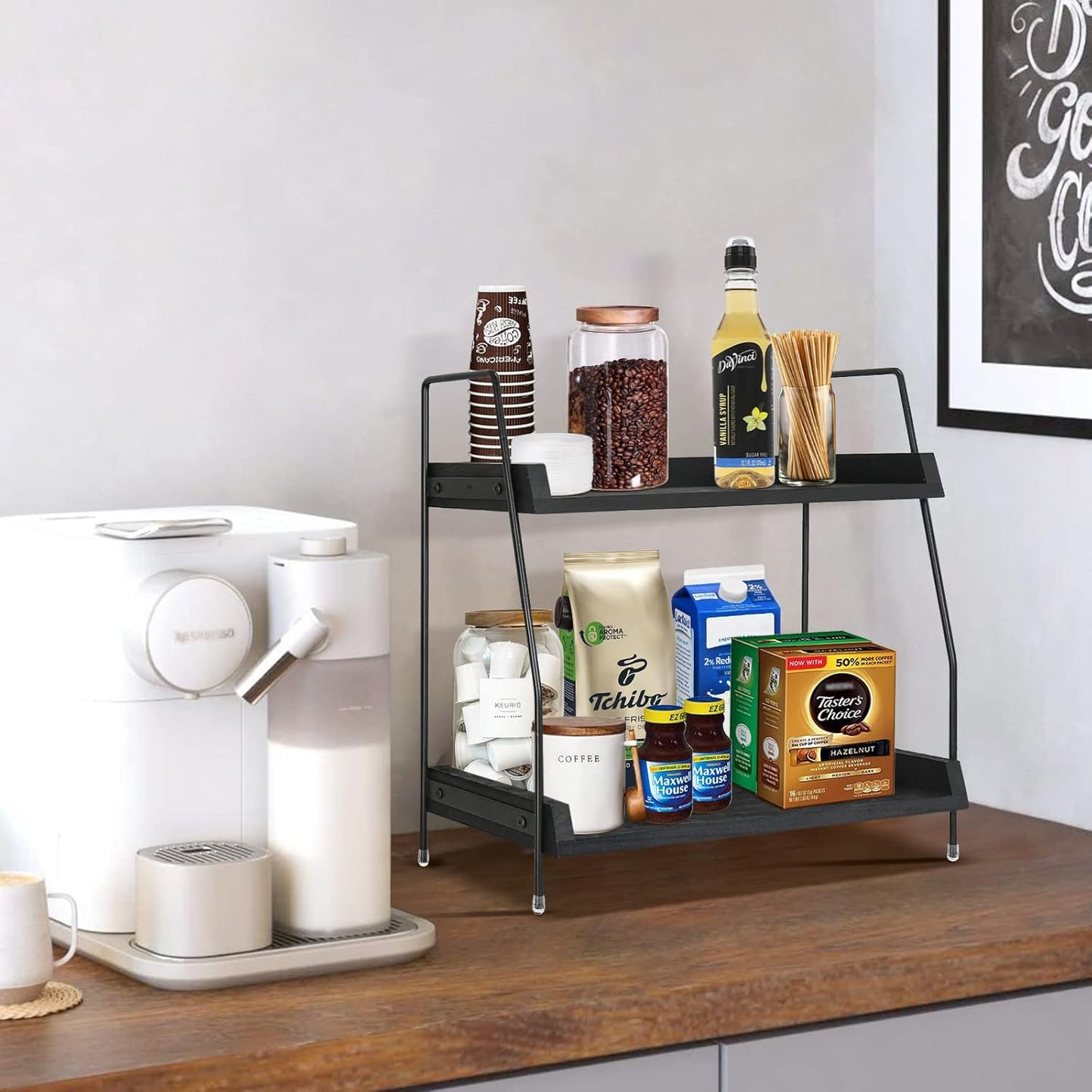 Yusepure Coffee Bar Accessories and Organizer Countertop, Coffee Station Organizer Kitchen Counter Shelf Organizer,Coffee Condiment Storage,Cup Lid Holder Countertop Shelf for Bathroom (Black)