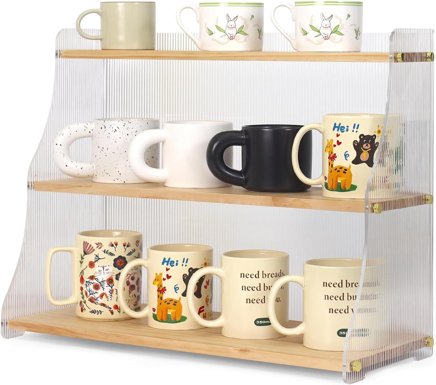 Coffee Mug Holder Wooden Cup Station Organizer 3 Tier Cup Holder for Coffee Bar Mug Display Rack for Countertop Mug Holder Shelf for Home Kitchen Trapezium-Pinewood