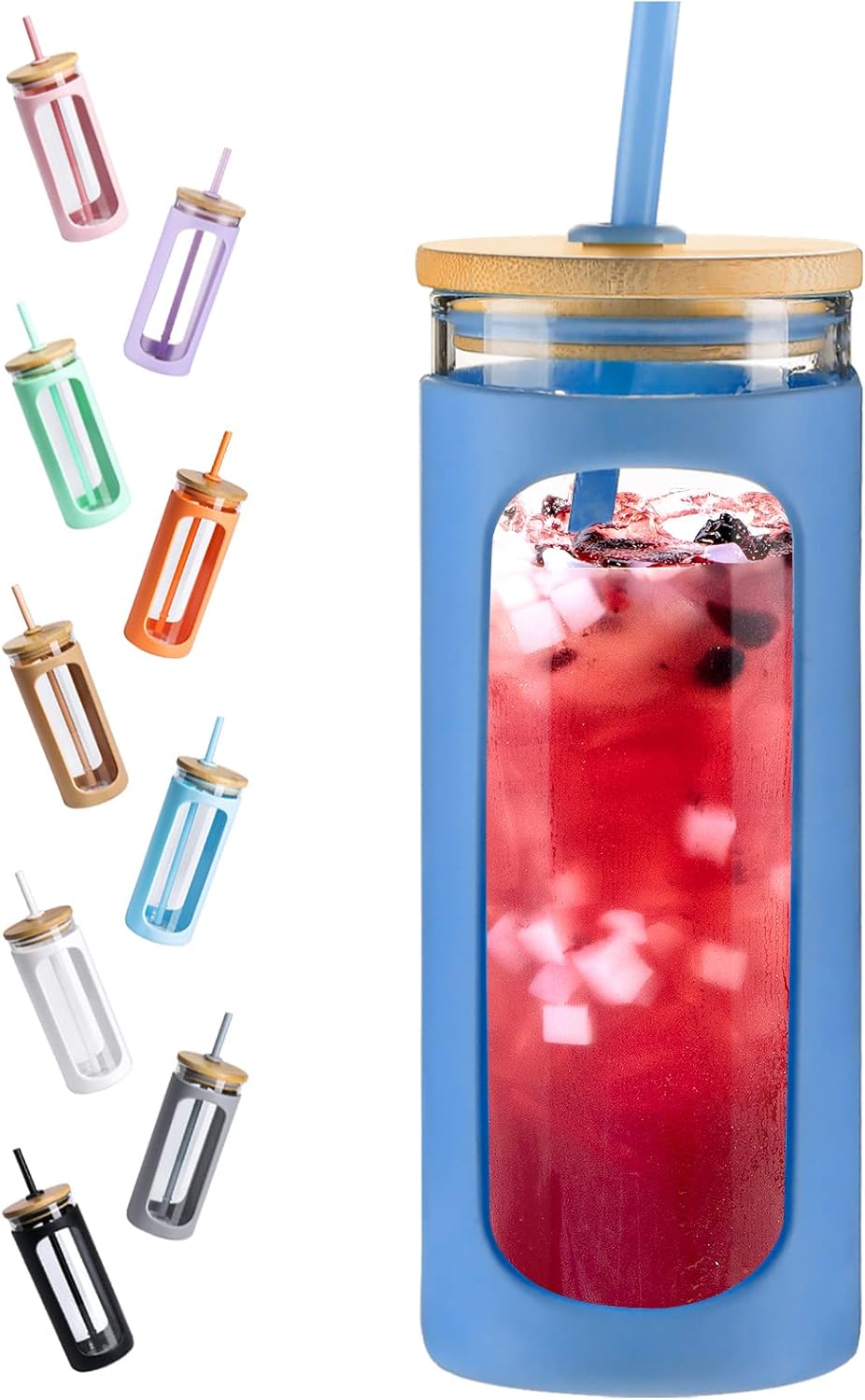 Kodrine 20oz Glass Tumbler with Straw and Lid, Iced Coffee Cups with Bamboo Lids, Glass Cups for Cold Drinks, Smoothie Cup with Silicone Sleeve for Travel, Work, BPA FREE-DodgerBlue