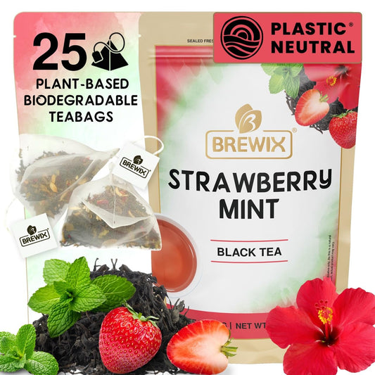 BREWIX, Strawberry Mint Tea Bags (25 Plant Based Tea Bags), Made with - Black Tea, Hibiscus, Spearmint, Fennel, Strawberry | Caffeinated & Sugar-Free