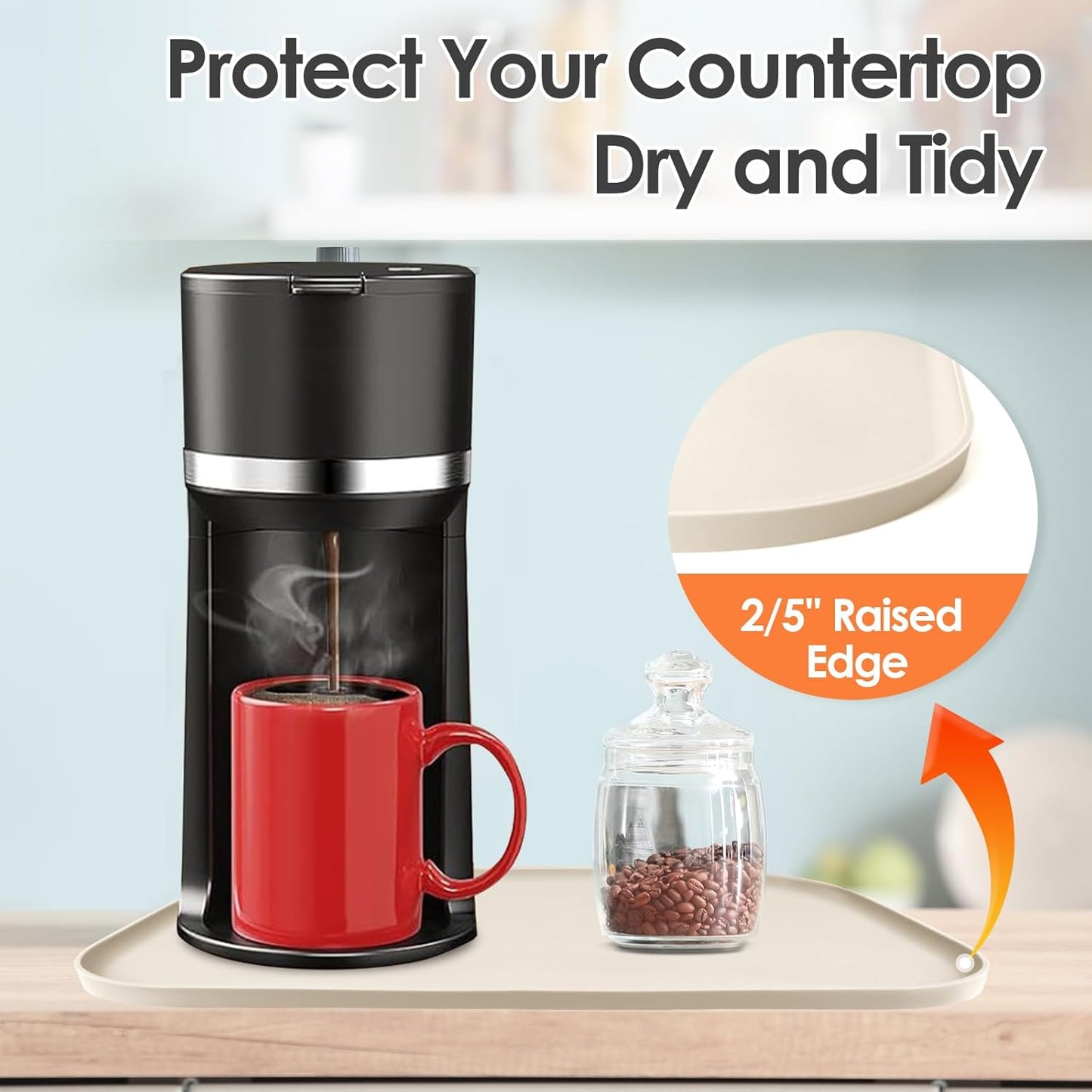 Silicone Coffee Maker Mat with Lip, 17.4'' x 10.6'' Heavy Duty Coffee Maker Mat for Countertops, Coffee Tray Fit Under Coffee Machine Appliance Automatic Machines Espresso Accessory, Cream White