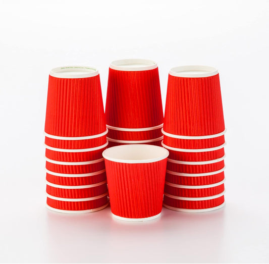 500-CT Disposable Red 4-OZ Hot Beverage Cups with Ripple Wall Design: No Need for Sleeves - Perfect for Cafes - Eco-Friendly Recyclable Paper - Insulated - Wholesale Takeout Coffee Cup