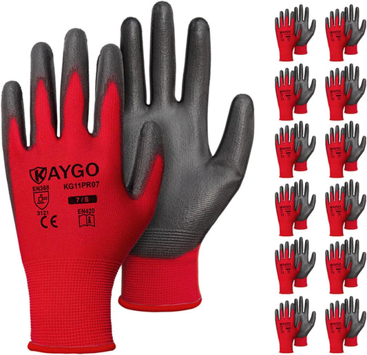 KAYGO Safety Work Gloves PU Coated for women, 12 Pairs Seamless Knit Glove with Polyurethane Coated Smooth Grip on Palm and Fingers, Ideal for General Duty Work, KG11P (Small, Red)