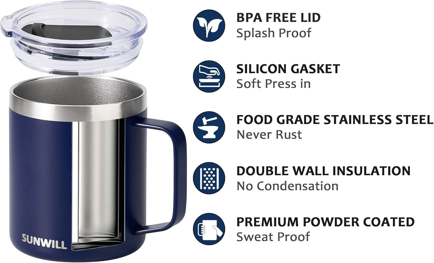 SUNWILL Travel Coffee Mug Set of 2, Insulated Tumbler with Lid, 14 oz Stainless Steel Cup with Handle for Camping, Office, Home, Powder Coated Navy Blue & Wine Red