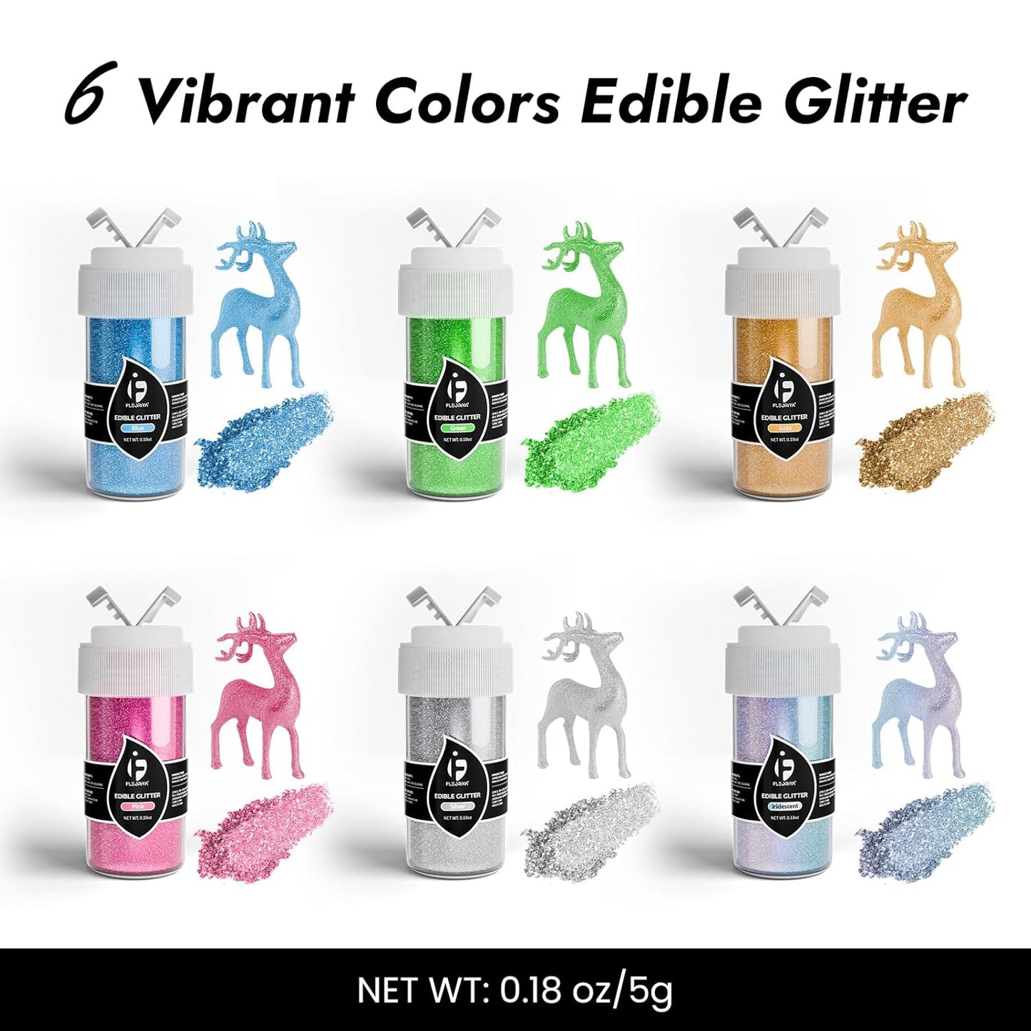 Edible Glitter for Cocktails, Edible Luster Dust 6 Colors, Food Grade Glimmer Sprinkles for Baking, Cakes, Strawberries, Beverage, Cookies, Candy, Chocolate, Vegan (5g/Bottle)