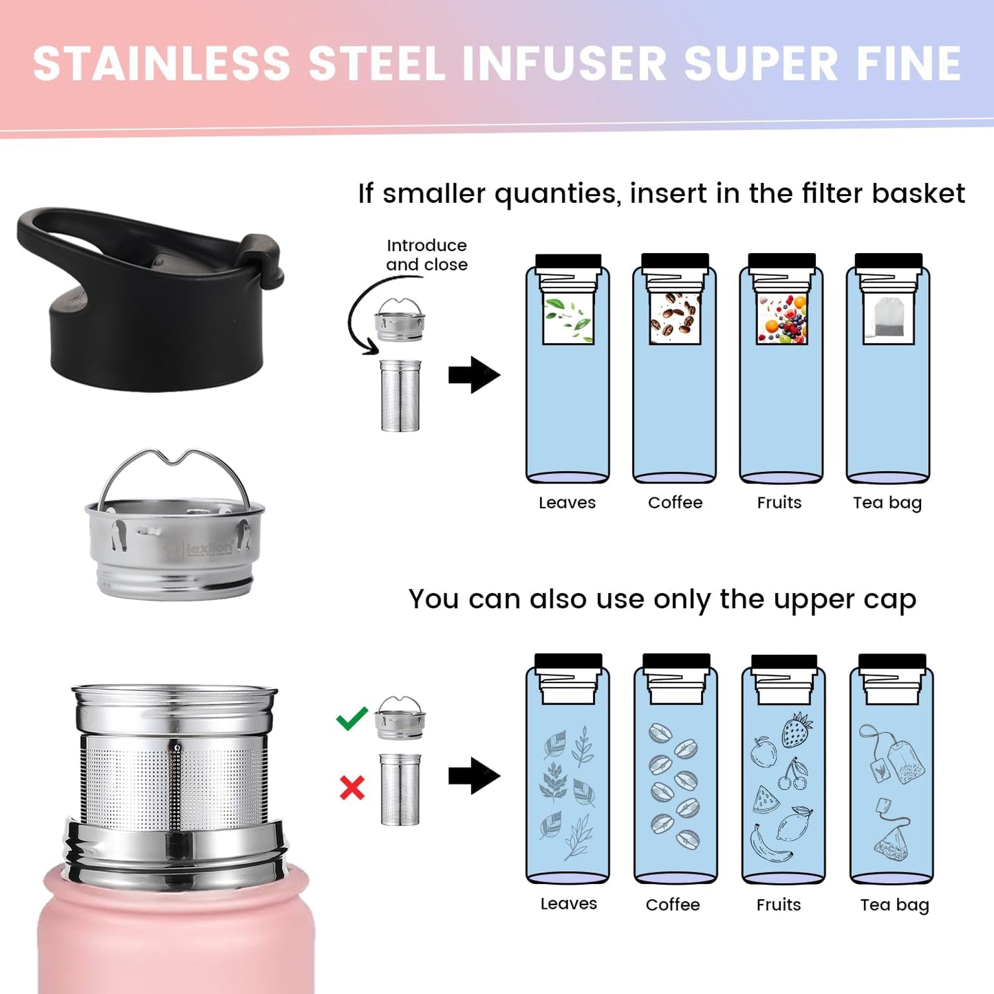 Lexlion Tea Infuser Bottle - Fruit Infuser Water Bottle 22 Oz, Triple Walled Insulated Stainless Steel Bottle, Thermal Leaf, Silicone Sleeve, 3 Lids Leakproof, Metal Mug Gallon