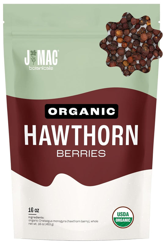 J Mac Botanicals, Organic Dried Hawthorn Berries Whole (16 oz) Hawthorn berry from Eastern Europe, certified Organic hawthorn berry tea, Hawthorne berries bulk resealable bag, Dried Hawthorn berries
